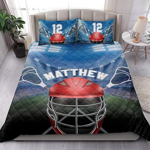 Miniatura 4 de OhaPrints Juego de ropa de cama y fundas de almohada con casco de Lacrosse personalizado, regalo para fanáticos del jugador de estadio, color azul,