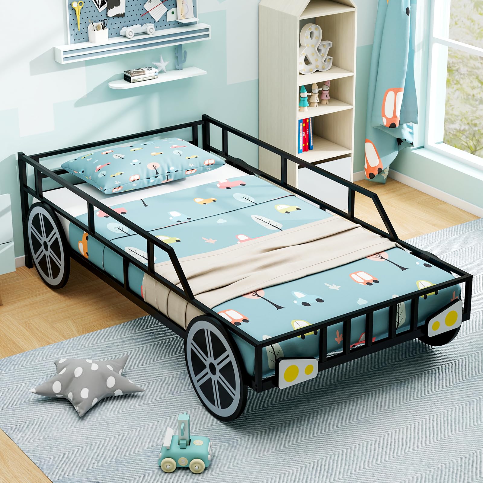 Costzon Twin Bed Frames for Kids, Car-Shaped Metal Bed with Wheels Decorations, Safety Guardrails, No Box Spring Needed, Fits Standard Twin Mattress (Mattress Not Included), Twin Bed for Boys Girls