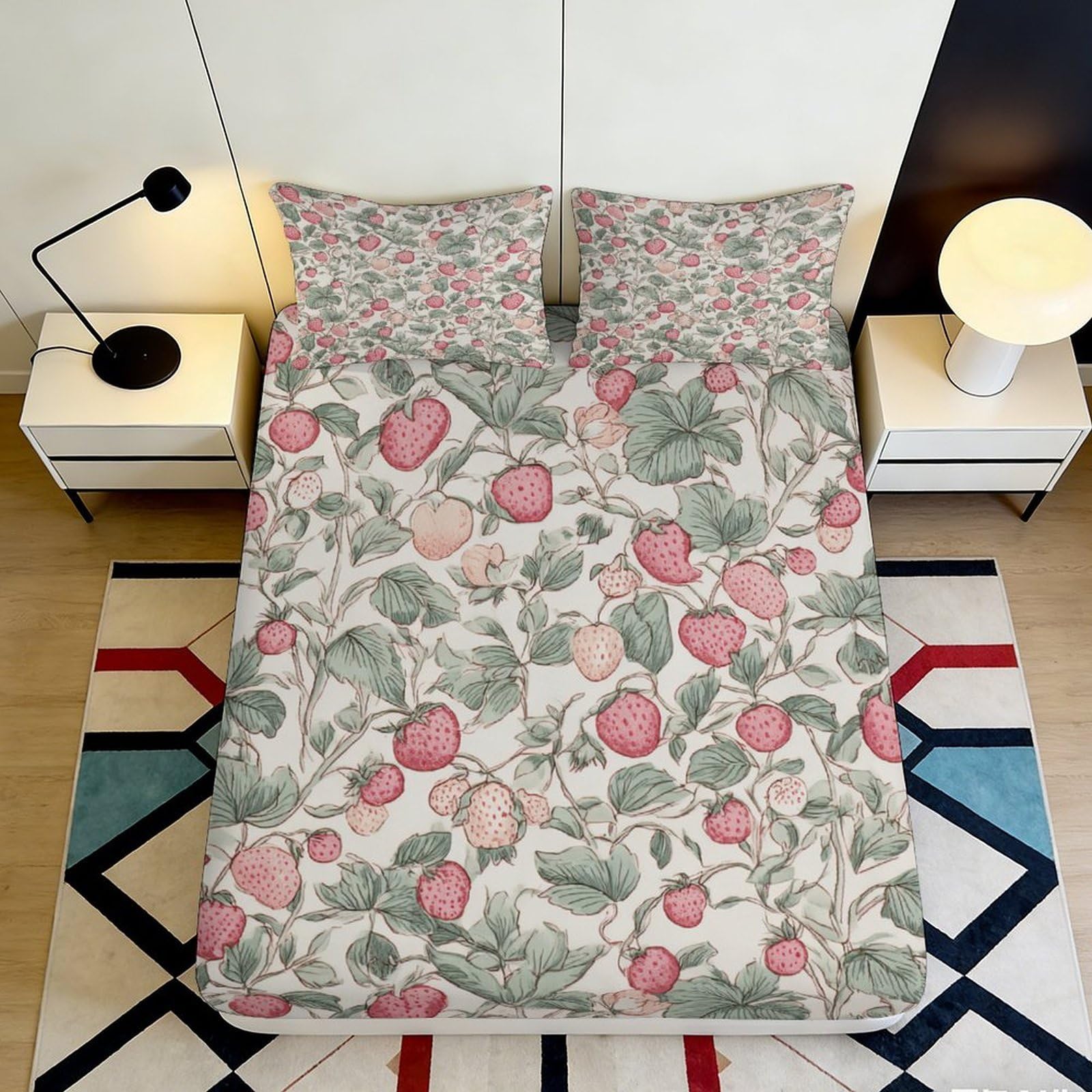 3D Printed Strawberry Botanical Fitted Sheet Microfiber Soft Breathable Floral Mattress Cover for Bedroom Dorm Decor 90x200x25cm