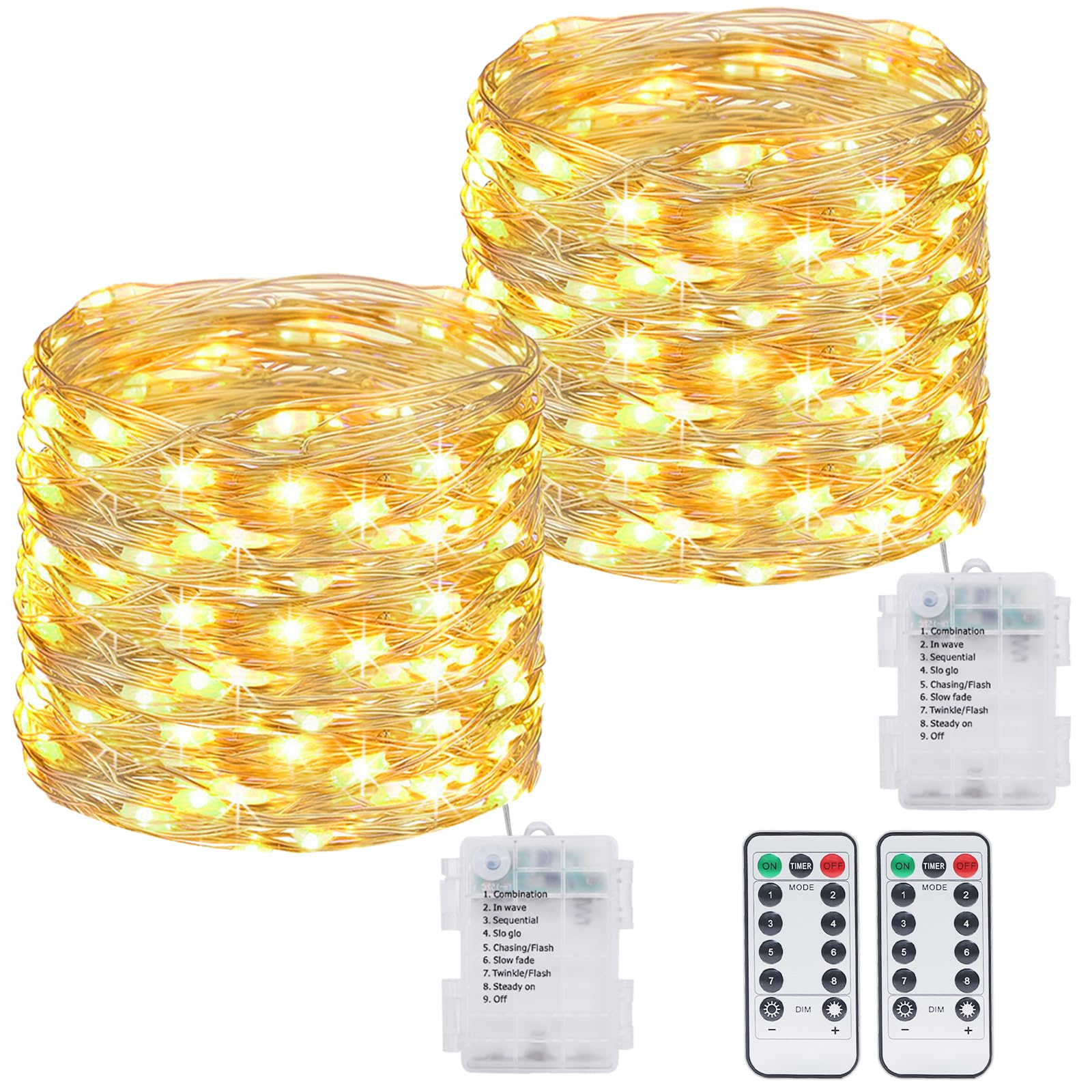 Kolpop Fairy Lights Battery Operated with Remote, 2 Pack 12M 120LED String Light Battery Powered with Timer & 8 Mode, Waterproof Warm White Christmas Twinkle Lighting Indoor Outdoor