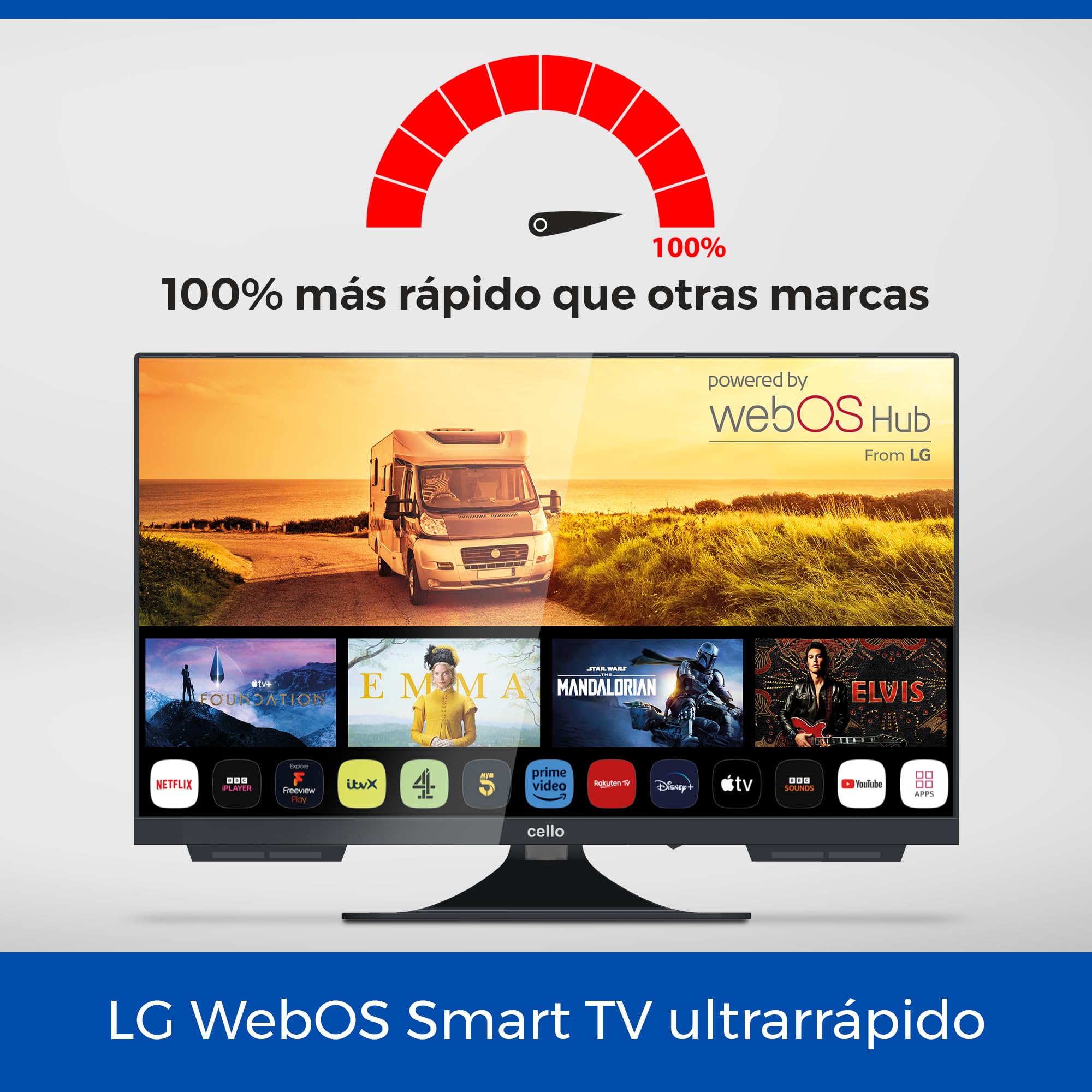 Cello C2224WS Smart TV 22 Pulgadas 12V / 12 Voltios para Autocaravana, Caravana y Furgoneta Camper, Televisor con WebOS, Netflix, Bluetooth