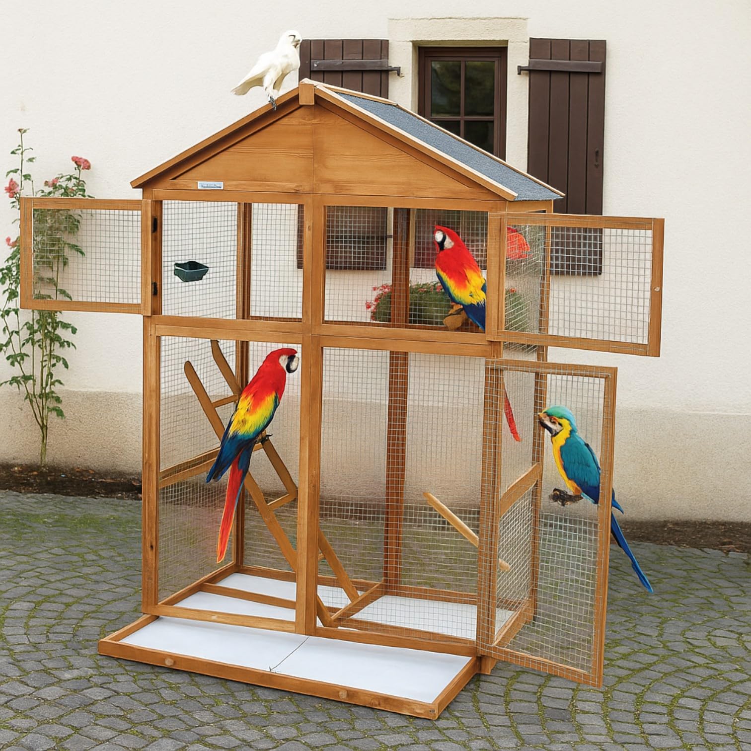 Jaula de Madera para pájaros 115x58x164 cm – Voladera Exterior/Interior con comedero, Perchas, Escalera y Bandeja extraíble – Resistente a la Intemperie (Marrón)