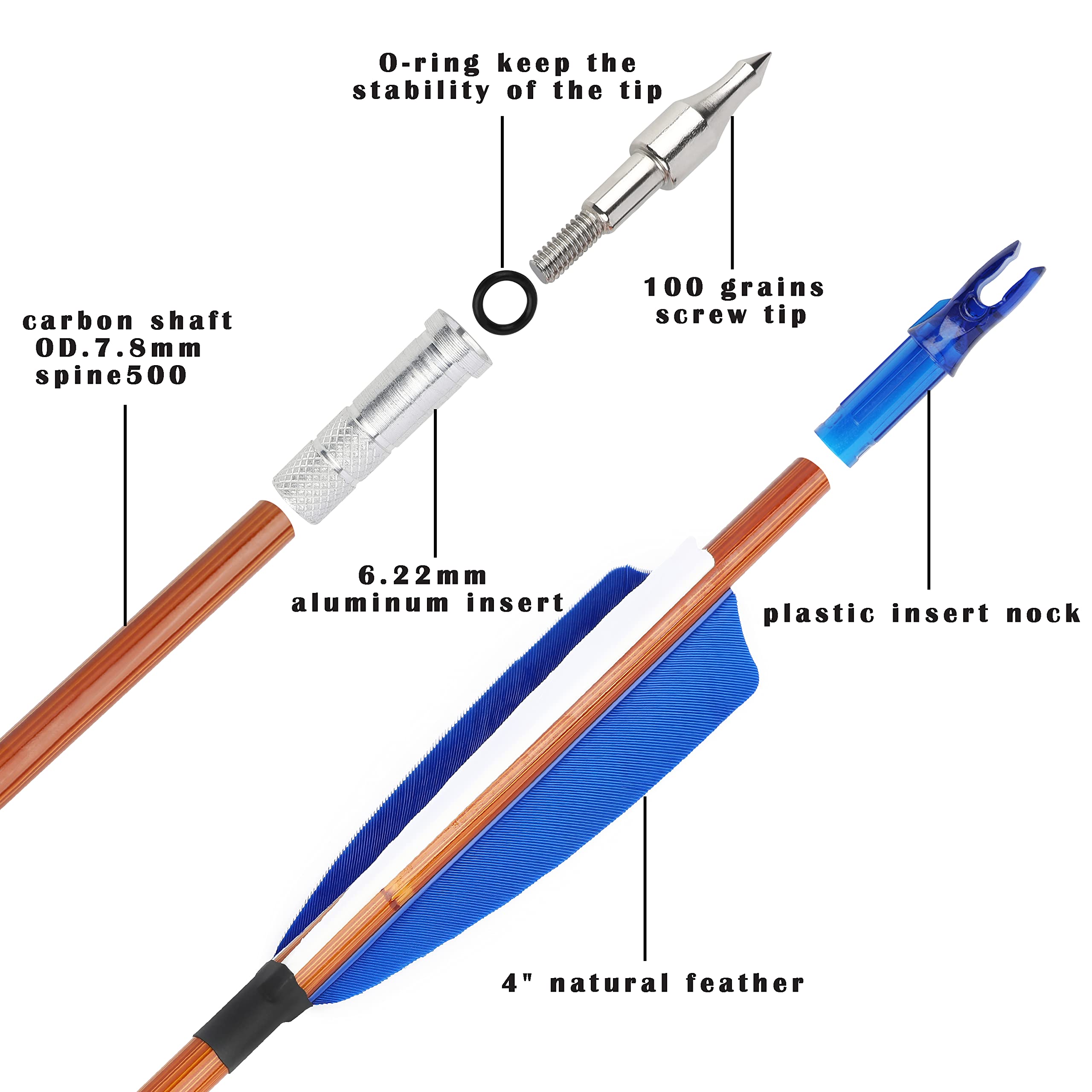 31" Flèches de tir à l'arc en Carbone,flèches d'entraînement, Spine 500 Flèches de Chasse avec Pointe de flèche remplaçable pour arcs à poulies et arcs Classiques,12/6PCS