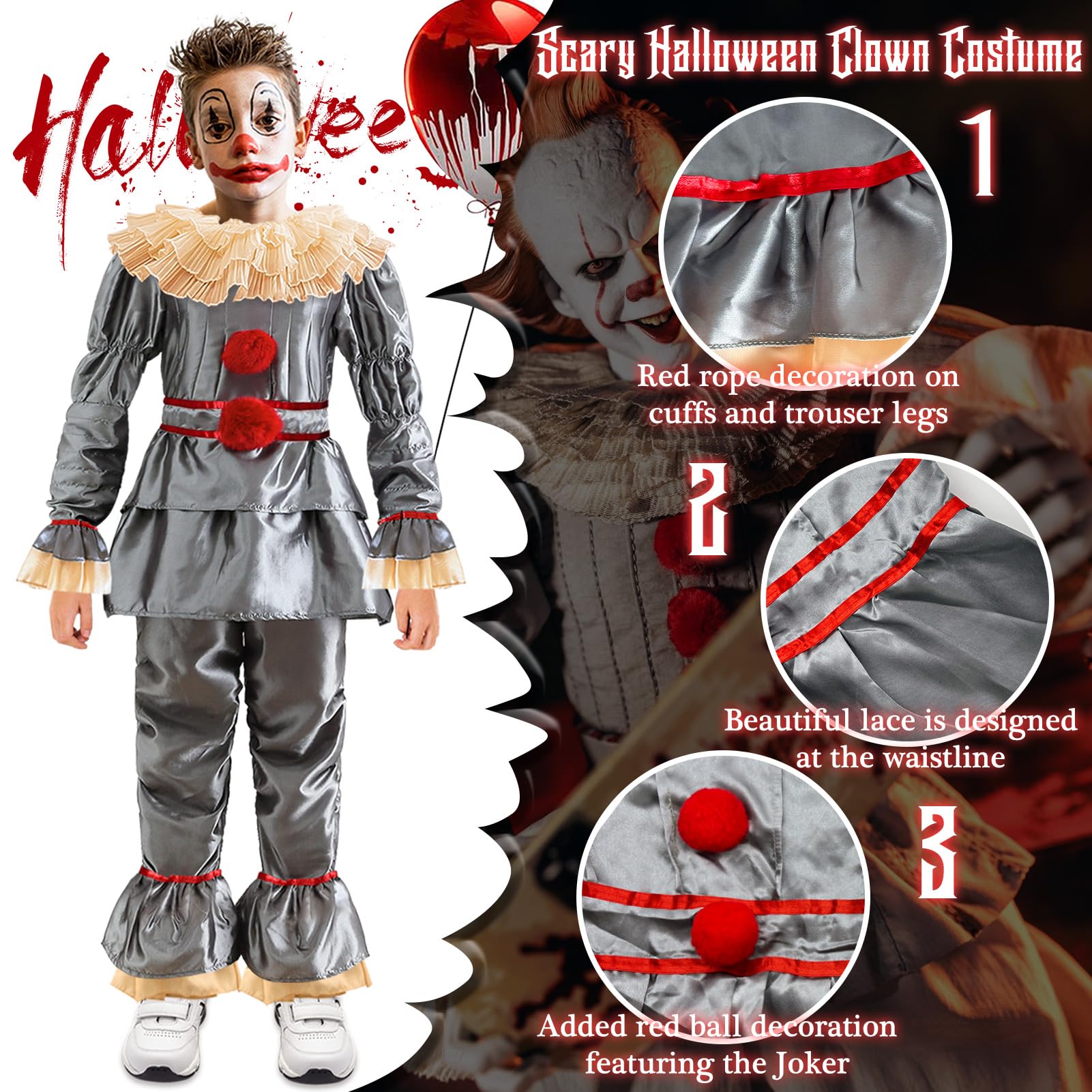 DUOLAM Halloween Clown Pennywise Costume: Children's Horror Clown Costume Set - Image 3