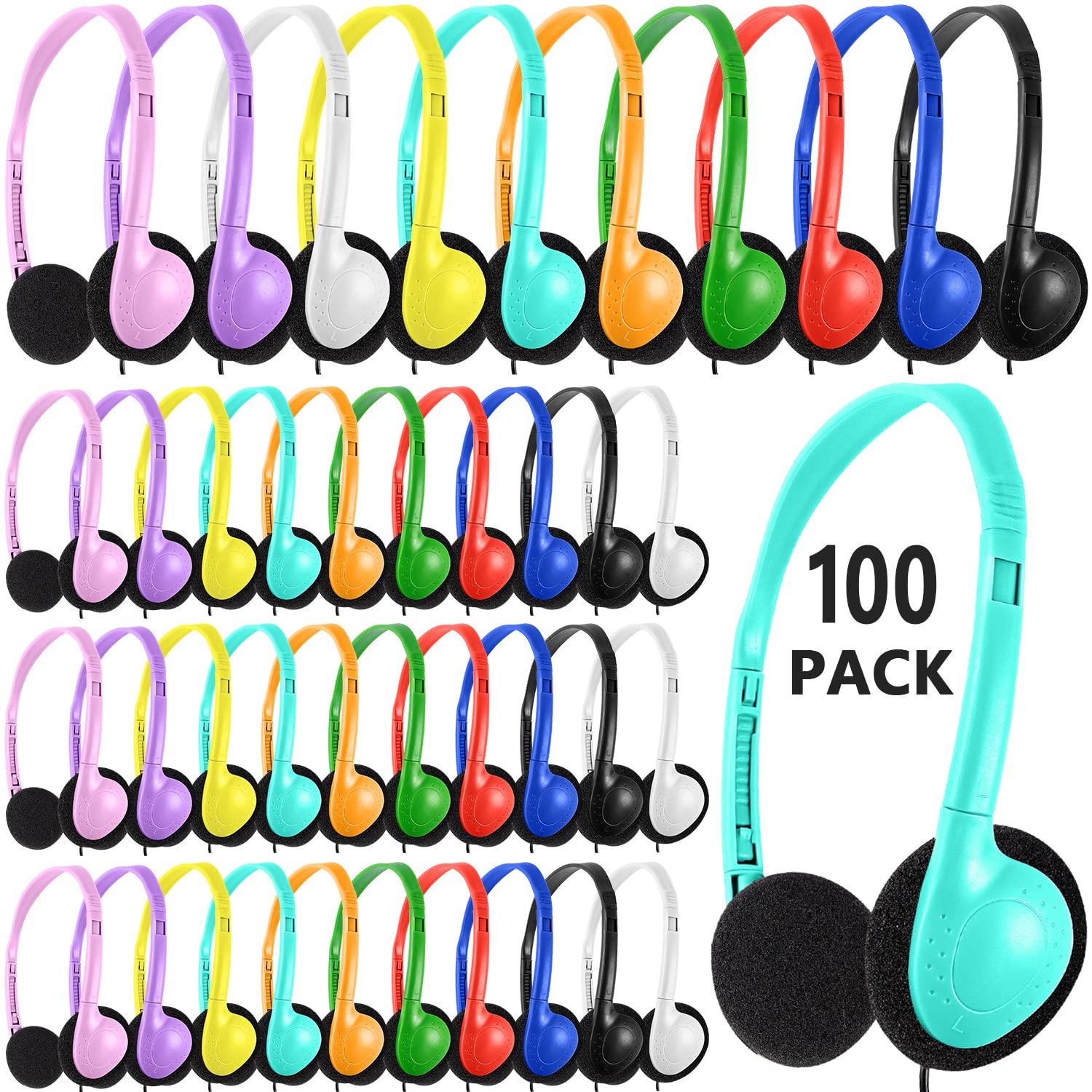 XOSDA Bulk Headphones 100 Packs Multi Color for School Classroom Kids, Wholesale Class Set Headphones for Students Children Teens and More (LS04,100
