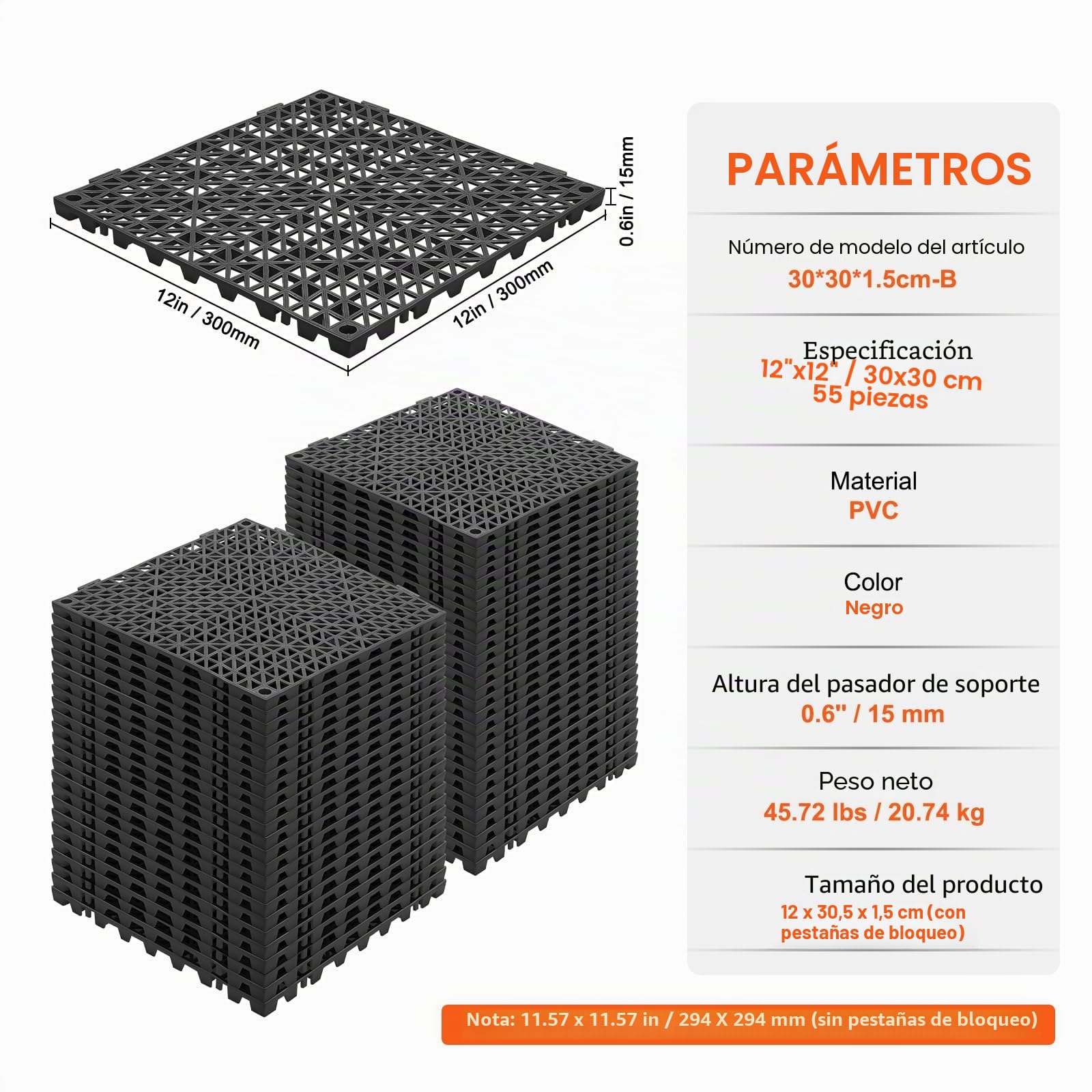 VEVOR Loseta de PVC Losetas Autoventiladas 50 PCS Baldosa de Clip Calada para Suelo 30x30x1,5 cm Baldosa de Jardín de Enclavamiento Drenaje Rápido Interior Exterior para Terraza Cocina Spa Baño, Negro