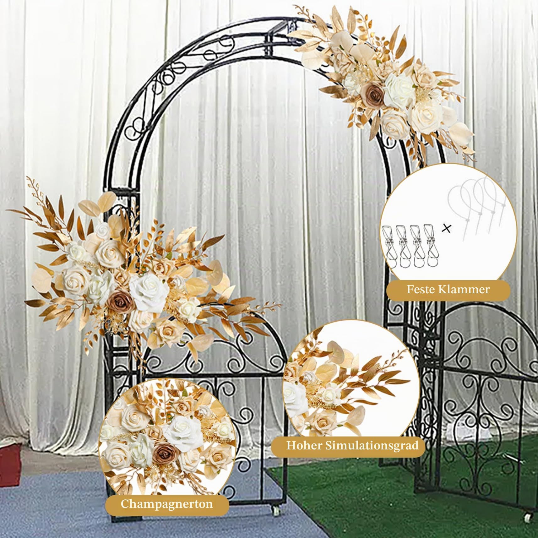Hochzeitsbogen Blumen 2pcs lebensechter Champagner -Farbbogenblumen mit Clips & Krawatten mit geringer Wartung Seide und Plastik Hochzeitsdekor für Begrüßungsschild, Hintergrund