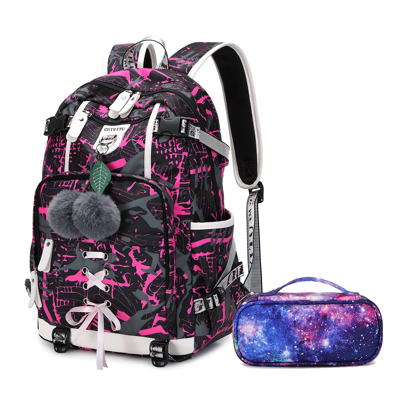 GUIVITU Mochilas Escolares Niñas Bolsa Escolar Juveniles Kawaii niño Mochila para el Colegio Bolsa Mochila Mujer Casual Oxford Impermeable Bolsa Negra Backpackcon Bolsa de Almuerzo