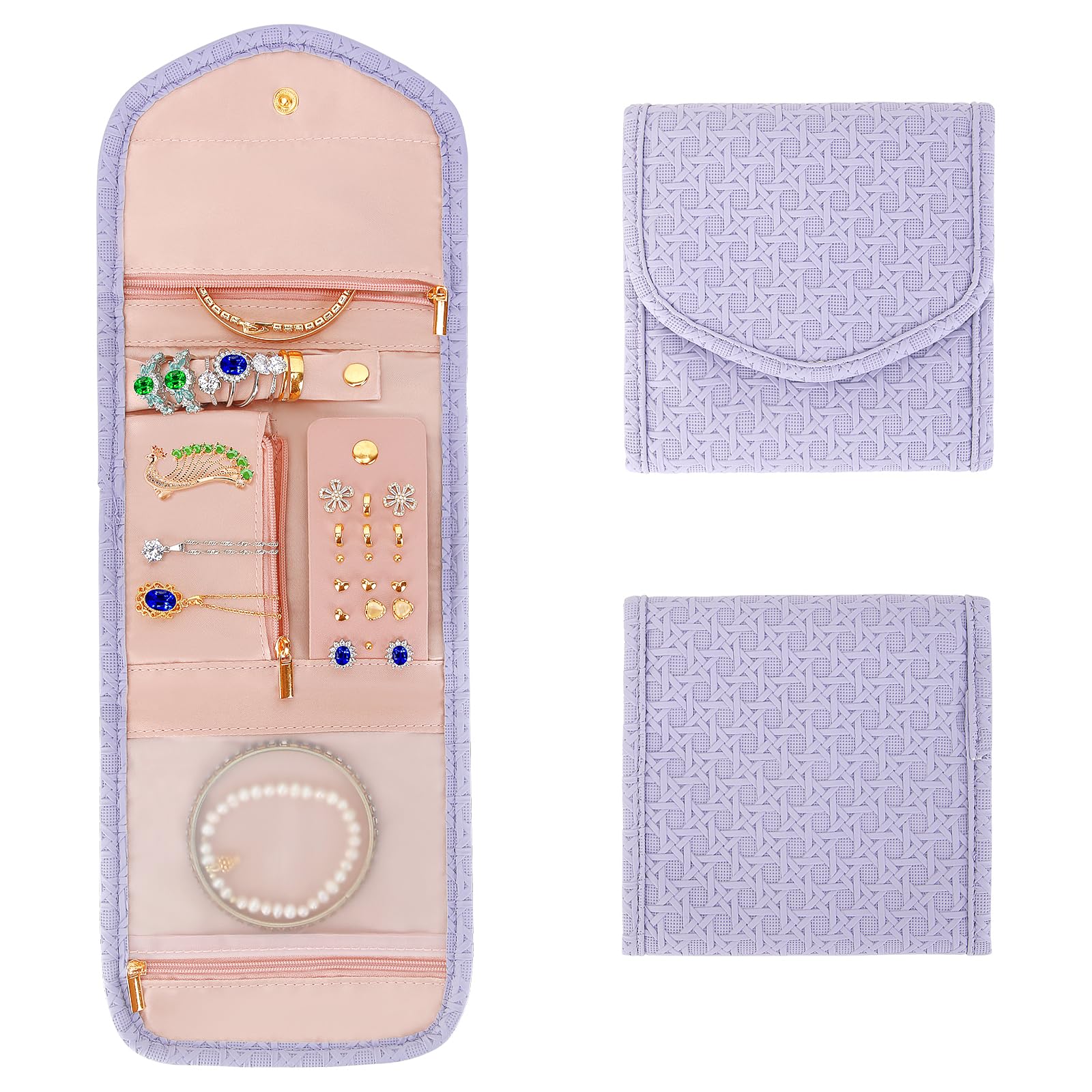 LETURE PU Leather Travel Jewelry Organizer Case, Foldable Small Jewelry Roll for Journey Ring, Pendant, Earring, Necklace, Bracelet (Purple)