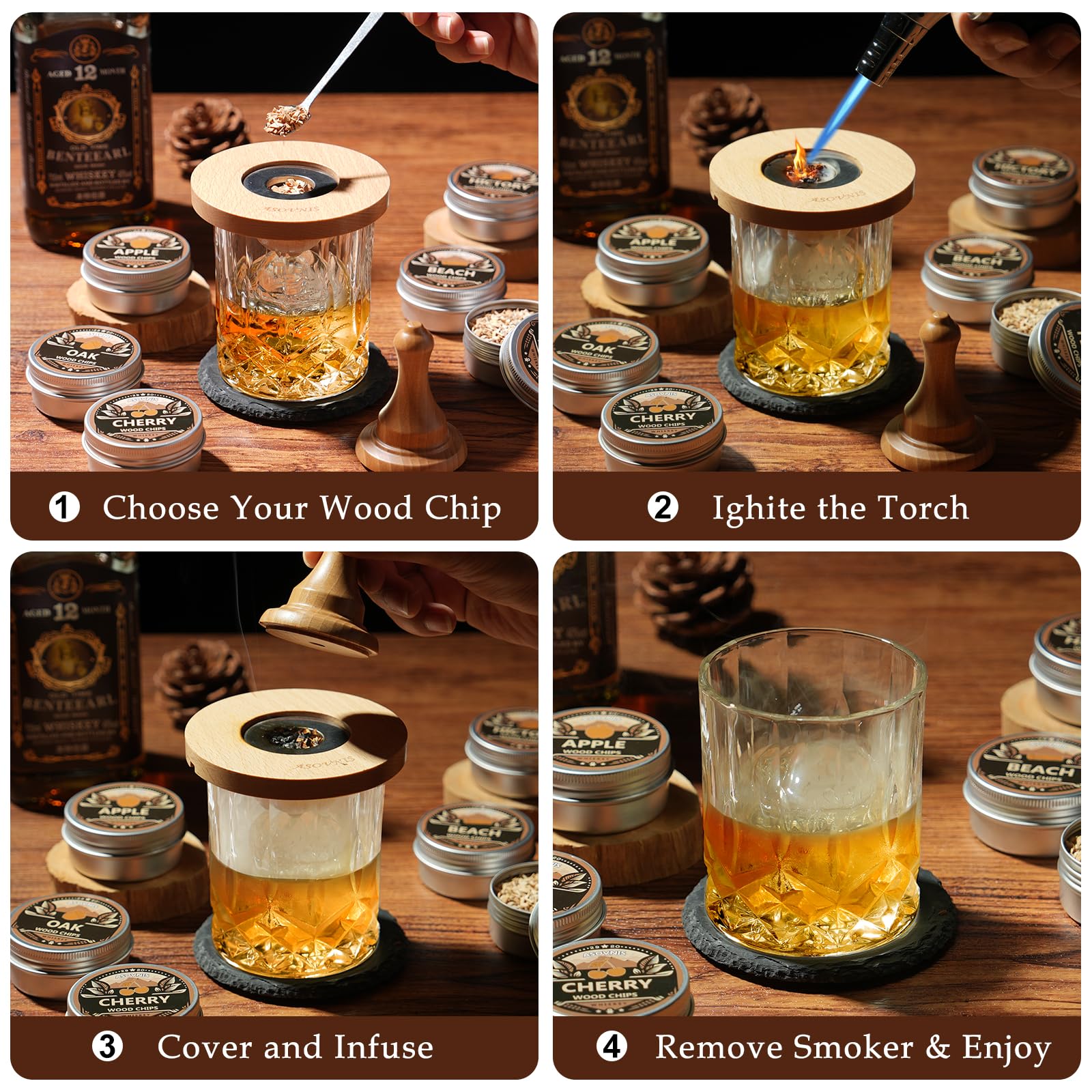 Kit affumicatore per whisky con torcia, 6 sapori di trucioli di legno, 2 bicchieri, 6 pietre, kit infusore per cocktail, bevanda vecchio stile, regalo di compleanno per uomini, papà (senza butano
