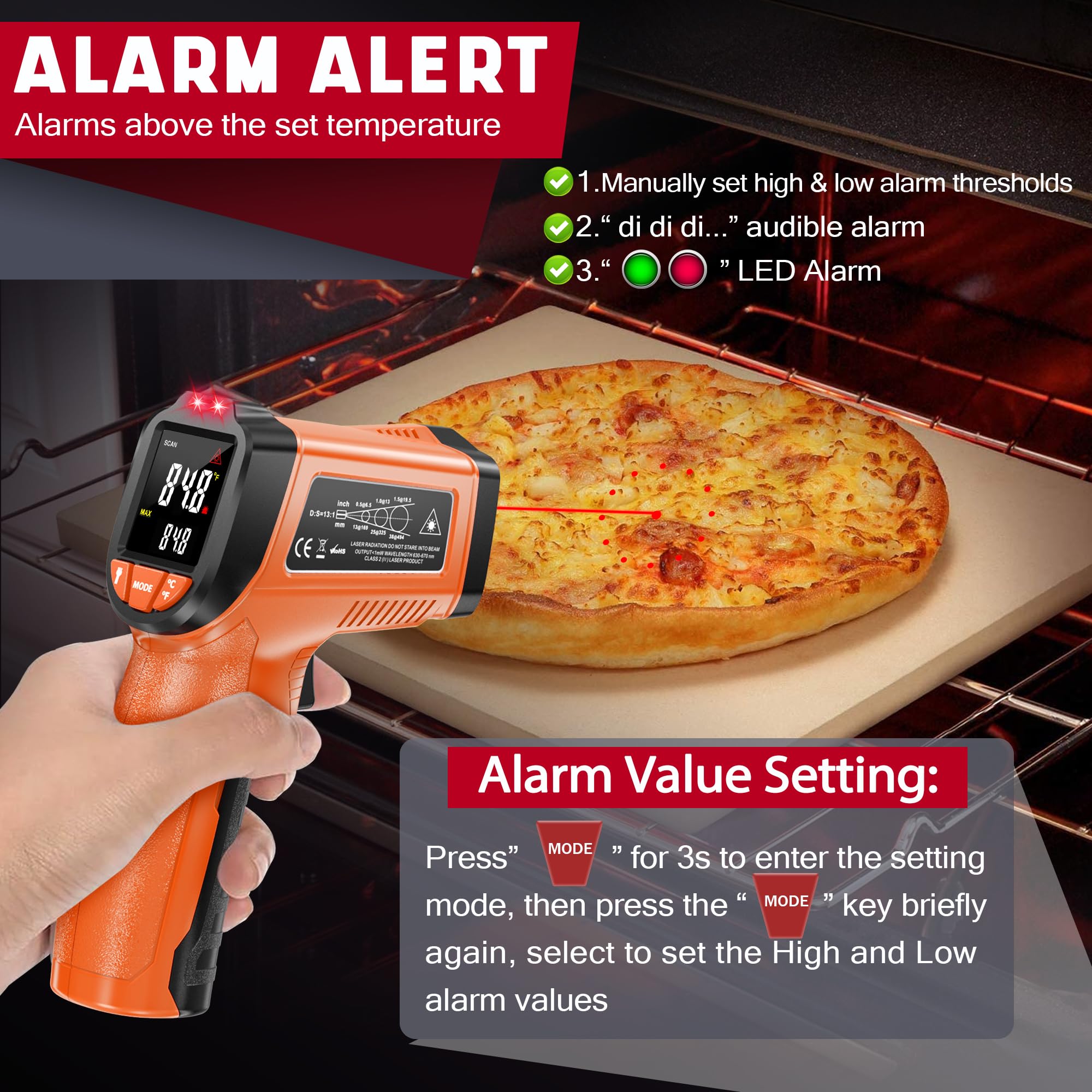 Infrared Thermometer Gun, Non-Contact Digital Laser Temperature Gun, -58°F to 1076°F, Adjustable Emissivity and Max/Min Values for Industrial, Cooking, Griddle,Engine, HVAC (Not for Human) — Amazon image 3