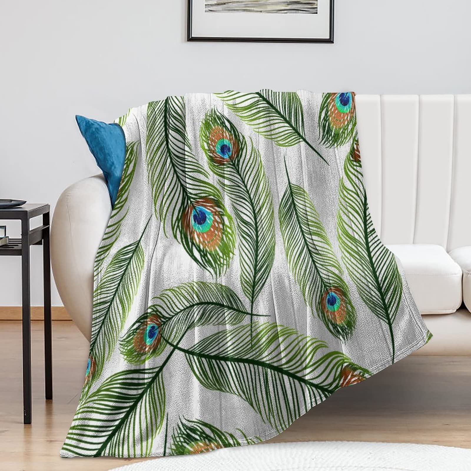 Couverture en flanelle haut de gamme motif paon, jeté de lit soyeux et réversible 152x203cm