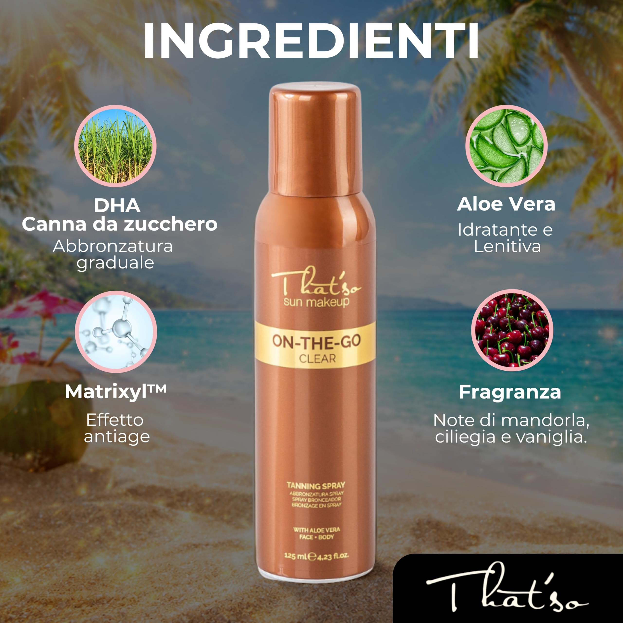 That’so Spray Autoabbronzante Viso e Corpo 125 ml On The Go Clear Abbronzatura Istantanea Naturale Effetto Bronze, Lunga Durata, con DHA da Canna da Zucchero, Aloe Vera e Peptide Anti-Età