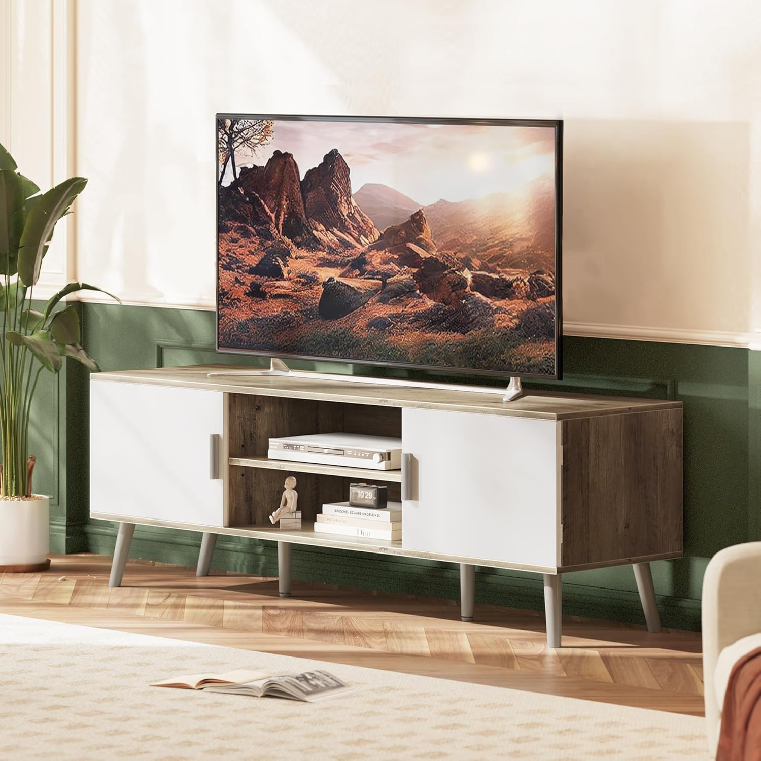 SUPERJARE TV Stand for 55 Inch TV, Entertainment Center with Adjustable Shelf, 2 Cabinets, TV Console Table, Media Console, Solid Wood Feet, Cord Holes, for Living Room, Bedroom, Gray and White - Image 2