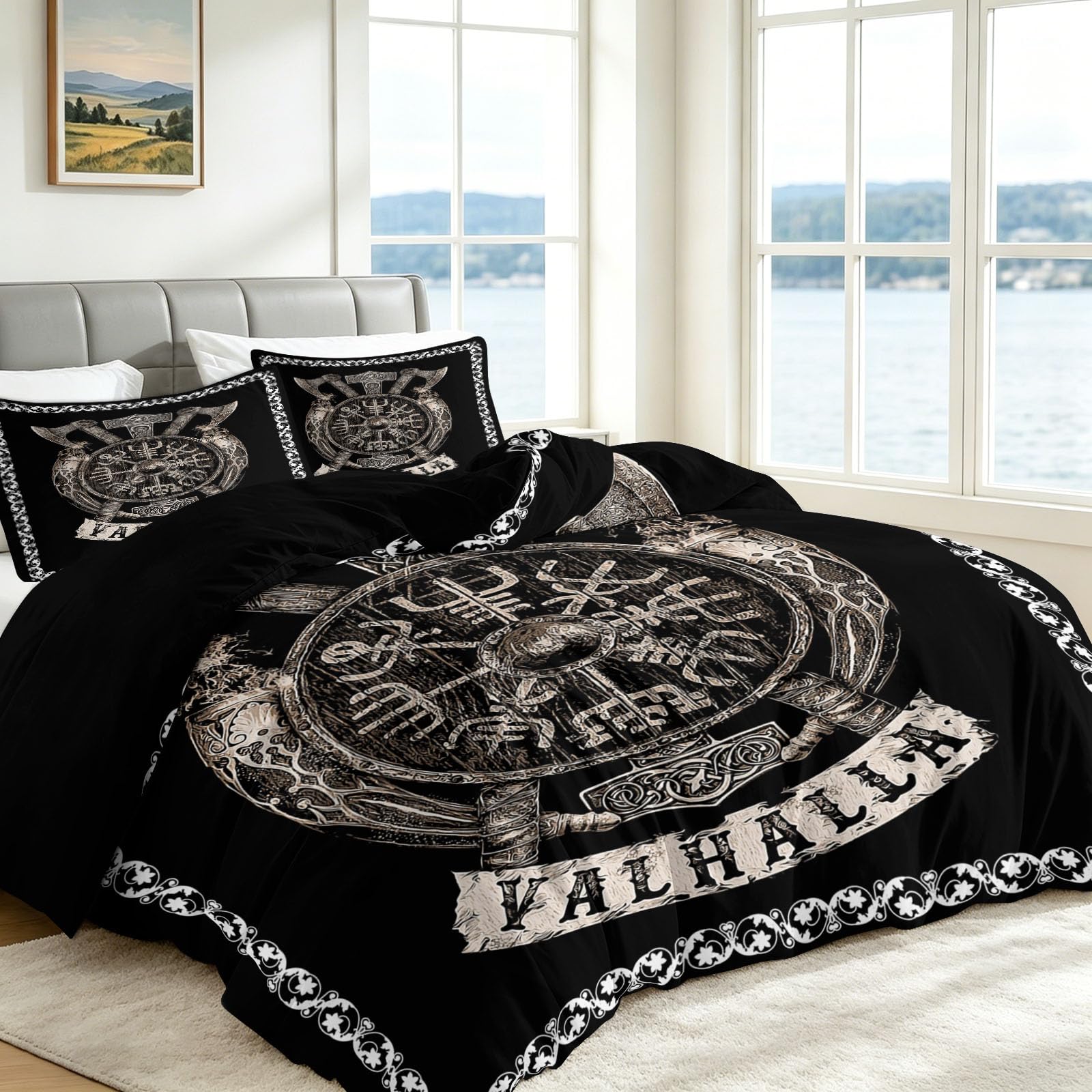 Double Duvet Cover Set 200x200 cm, Reversible Viking Valhalla Nordic Mythology Bedding Set with 2 Pillowcases, Black and Silver Quilt Cover with Zipper Closure, Soft Hypoallergenic Microfiber 3 Piece