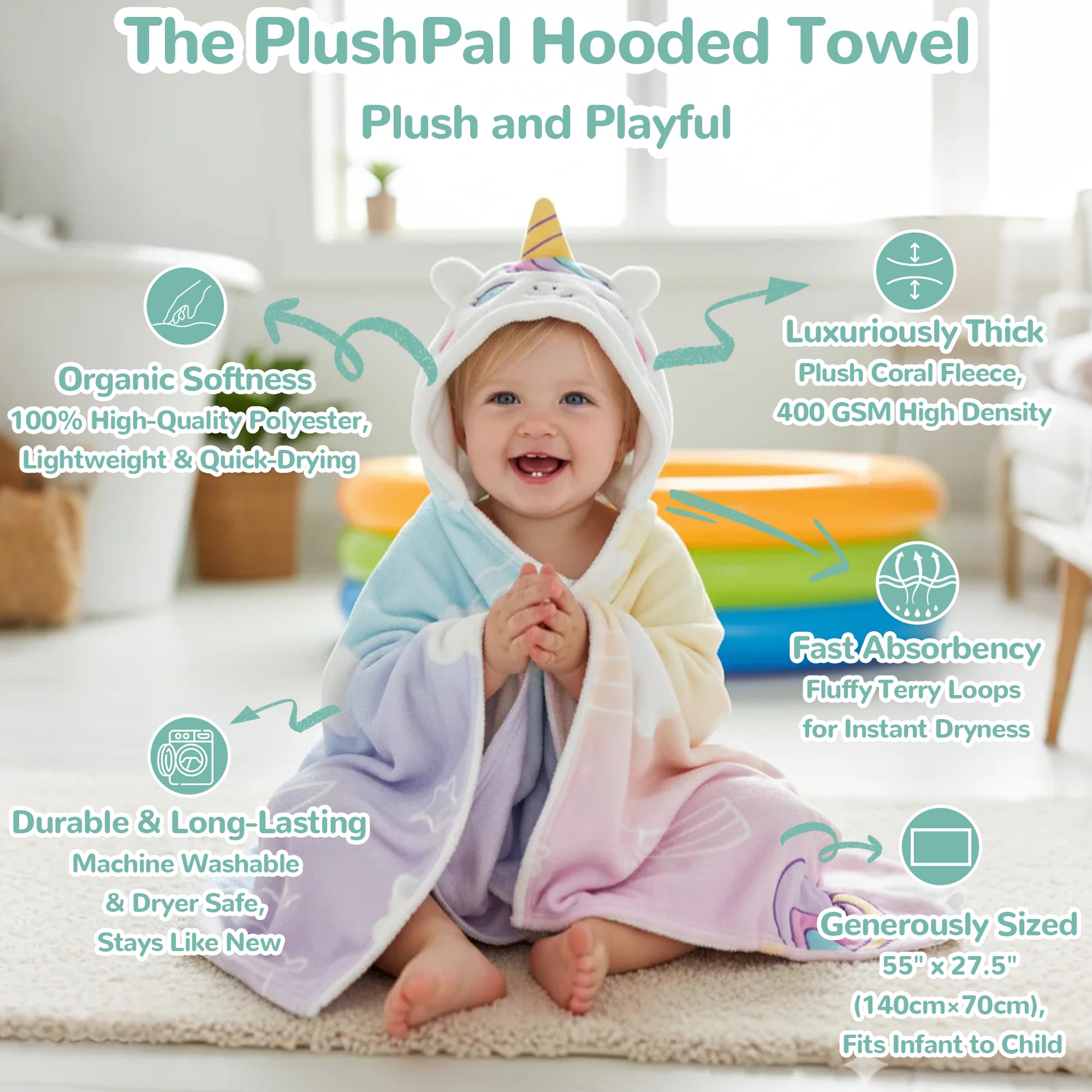 HECCEI Hooded Towel for Toddlers Extra Large 140x70 cm Kids Bath Towel with Hood - Image 3