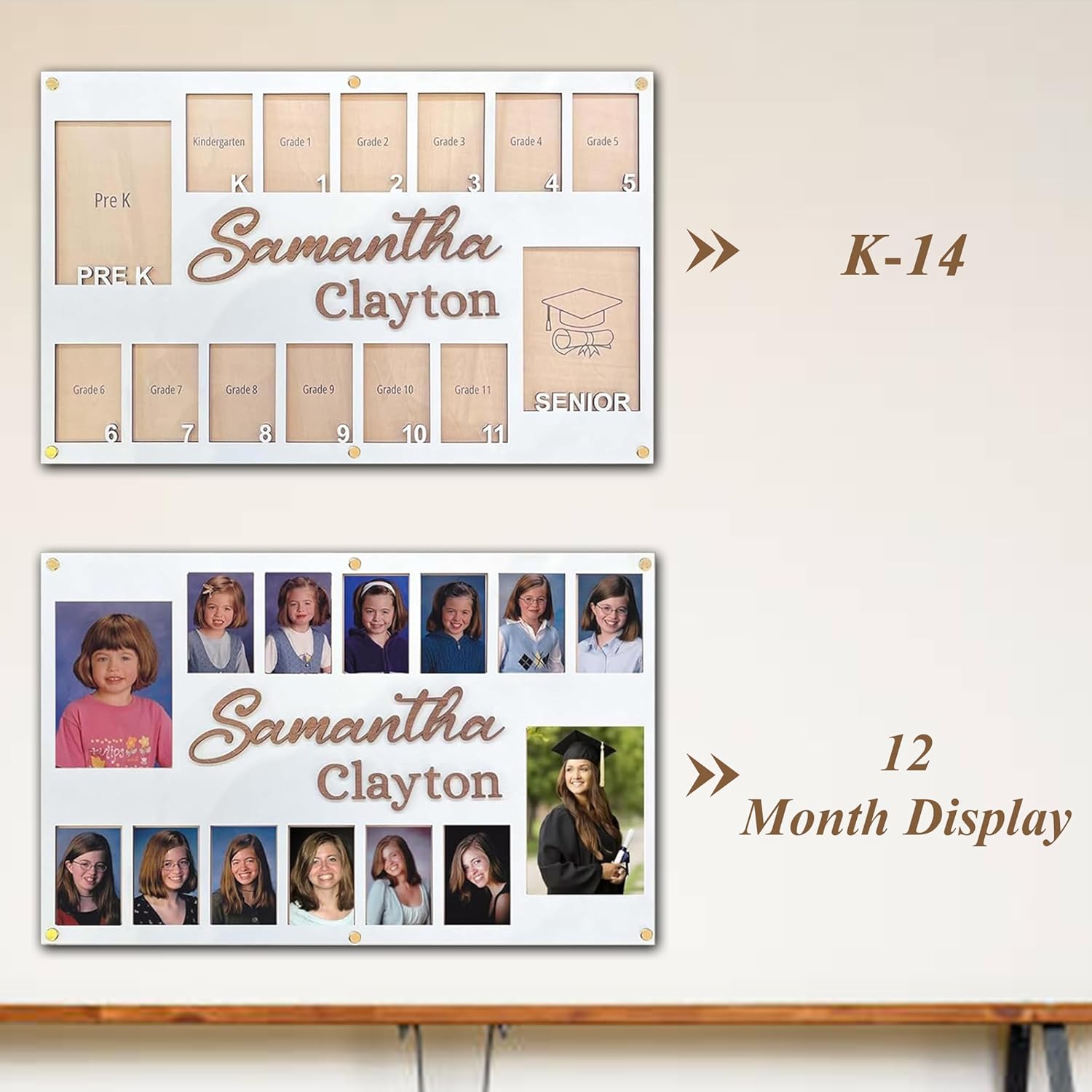 V-DECORPARKS School Picture Frame Pre-k to 12 | School Years Picture Frame K-12 Personalized Wooden Grades Pre-k-12 & Collage Graduation Photo Frames, 14 Photos