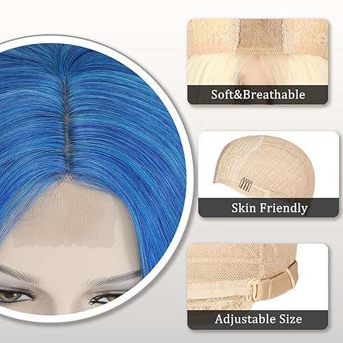 Miniatura 4 de Peluca azul  Pelucas largas onduladas azules para mujer, parte media, peluca azul degradado de 26 pulgadas, peluca sintética rizada natural