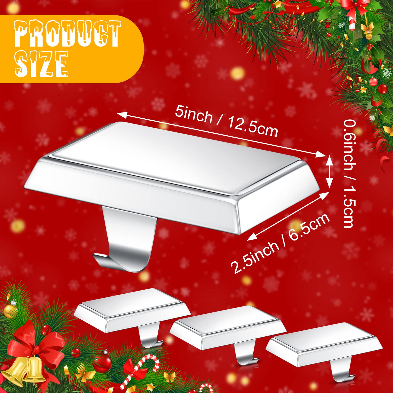 Condition photo showing New/Like New for Zhengmy Set of 4 Christmas Stocking Holders for Mantle Weighted Stocking Holder Fireplace Stocking Hangers for Xmas Holiday Party Decoration(Silver)