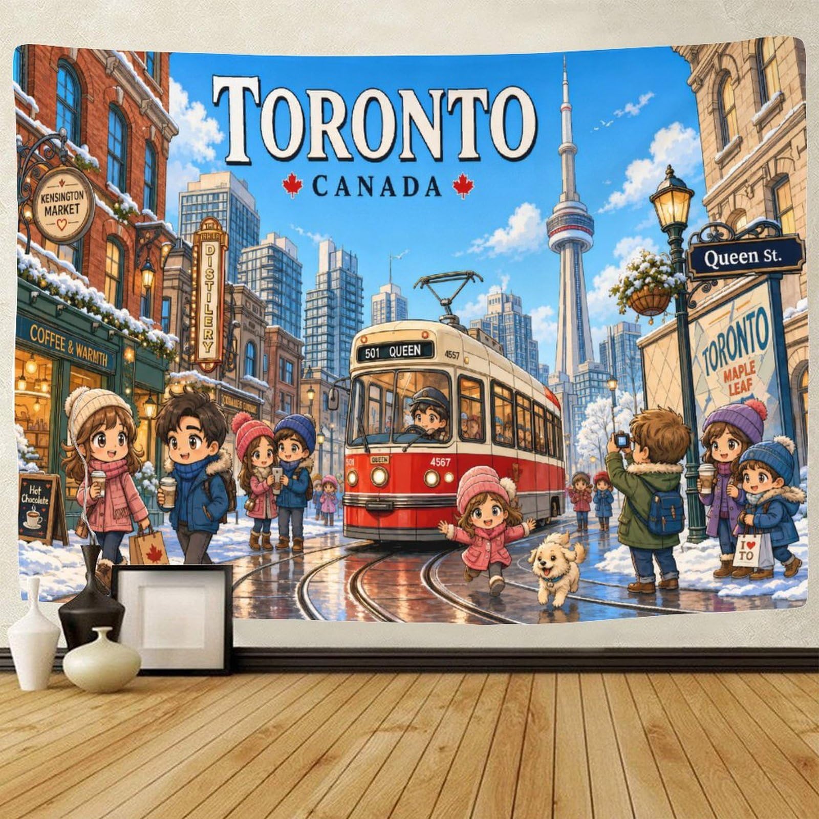 ASDFGHJKLZA Vintage Toronto Wall Art Decor 3D Print Tapestry Wall Hanging Decor Winter Streetscape Tapestries Home Decoration Curtain Bedroom Dorm 100cmx150cm