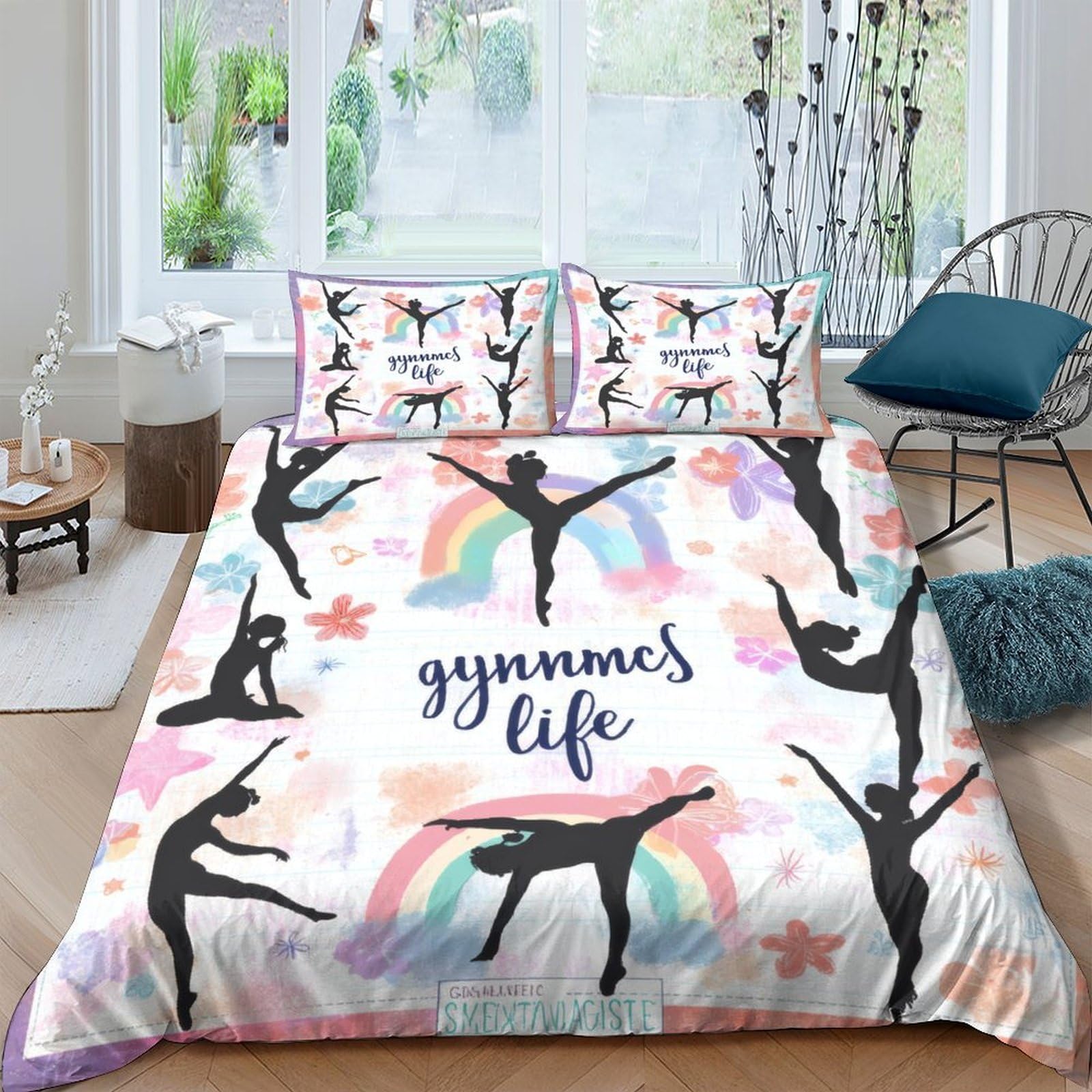 Ctjqhvkz Style-2 3D Printed Gymnastics Rainbow Fitted Sheet Microfiber Soft Pastel Silhouette Bed Cover For Bedroom Dorm Mattress Protection Decor Single（135X200cm）