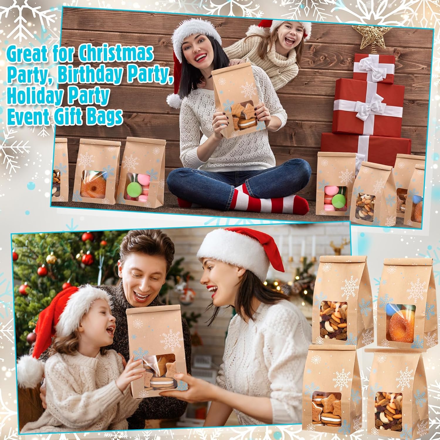 Sweetude Snowflake Bakery Bags With Window 4 x 2.36 x 6.7" Winter Kraft Paper Iron Wire Tie Tab Lock Brown for Cookies, Coffee Holiday Theme Party Favors (60 Pcs)