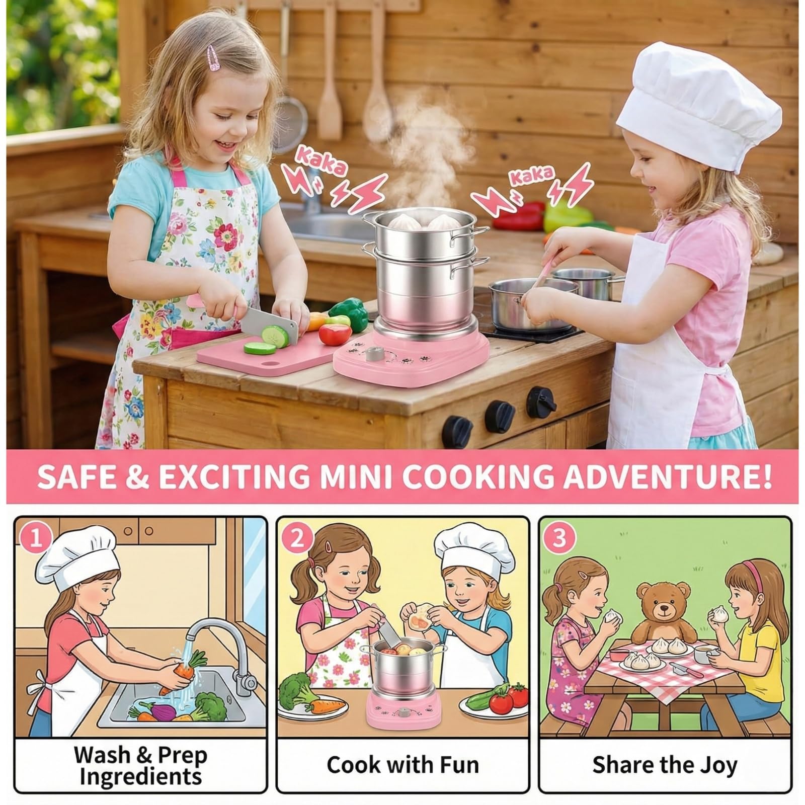 Mini Juego de Cocina para niños、24 Juguetes con Estufa eléctrica Funcional y Utensilios de Cocina de Acero Inoxidable Seguros. Kit de Cocina para Principiantes (Blue)