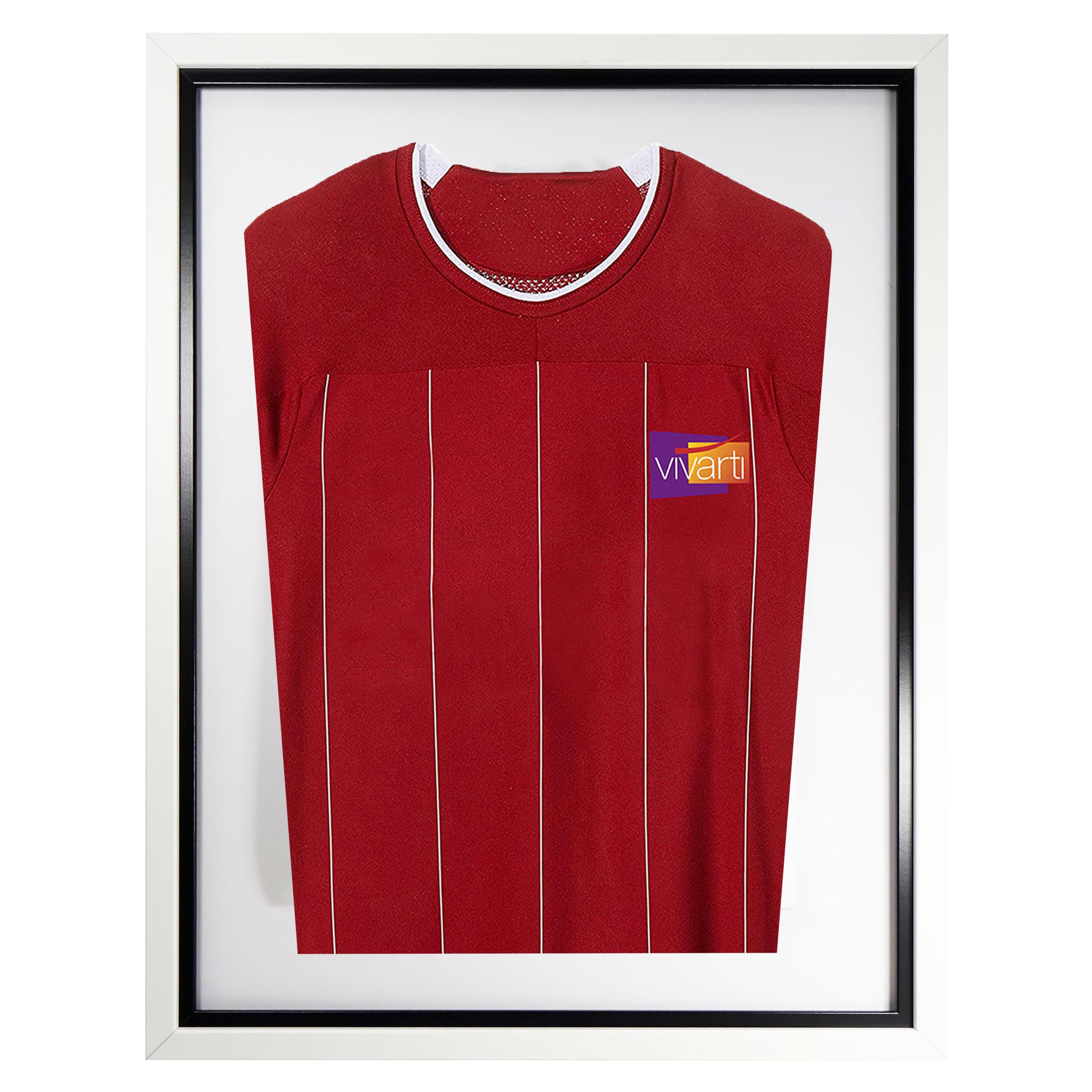 Vivarti DIY Tapered Junior Standard Sports Shirt Display Frame for Football Shirt, Rugby Shirt, Band T-Shirt Shadow Box - 50 x 70cm - Gloss White Frame, Black Inner Frame, White Backing Card