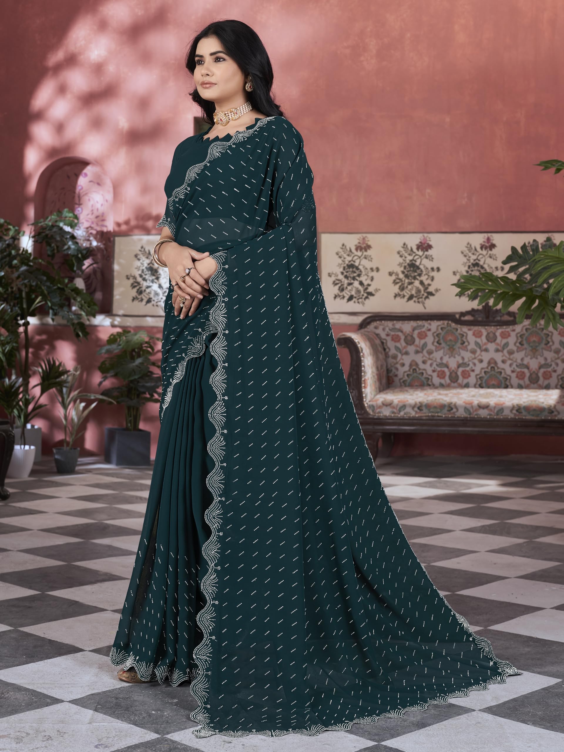 Glory Sarees Women's Georgette Swarovski Saree With Blouse Piece (Swarovskisarees_Green)