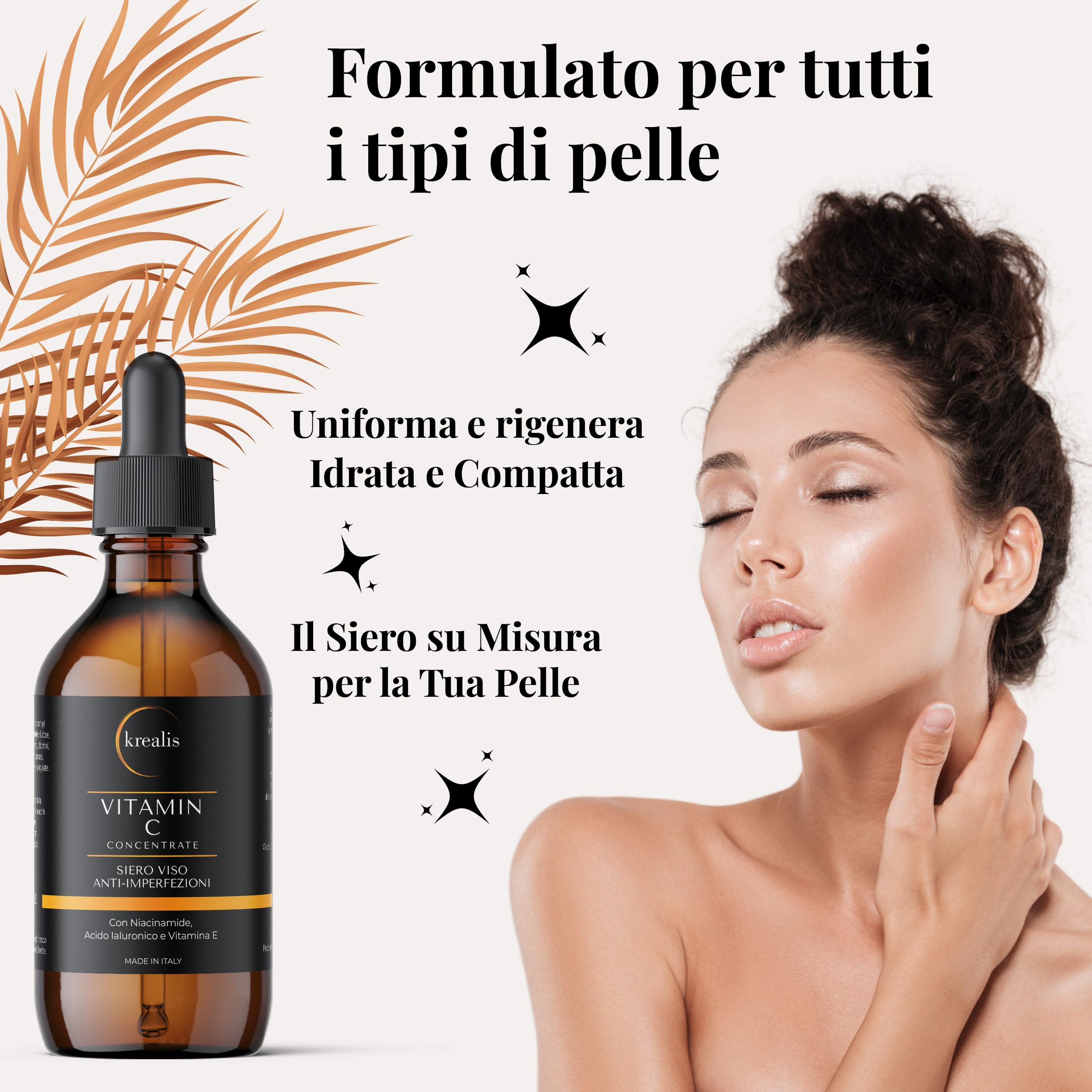 KREALIS •100ml• Siero Vitamina C Viso Acido Ialuronico con Niacinamide, Vitamina E, Aloe Bio, Antimacchia, Anti Imperfezioni, Siero Viso Contorno Occhi Antirughe E Occhiaie