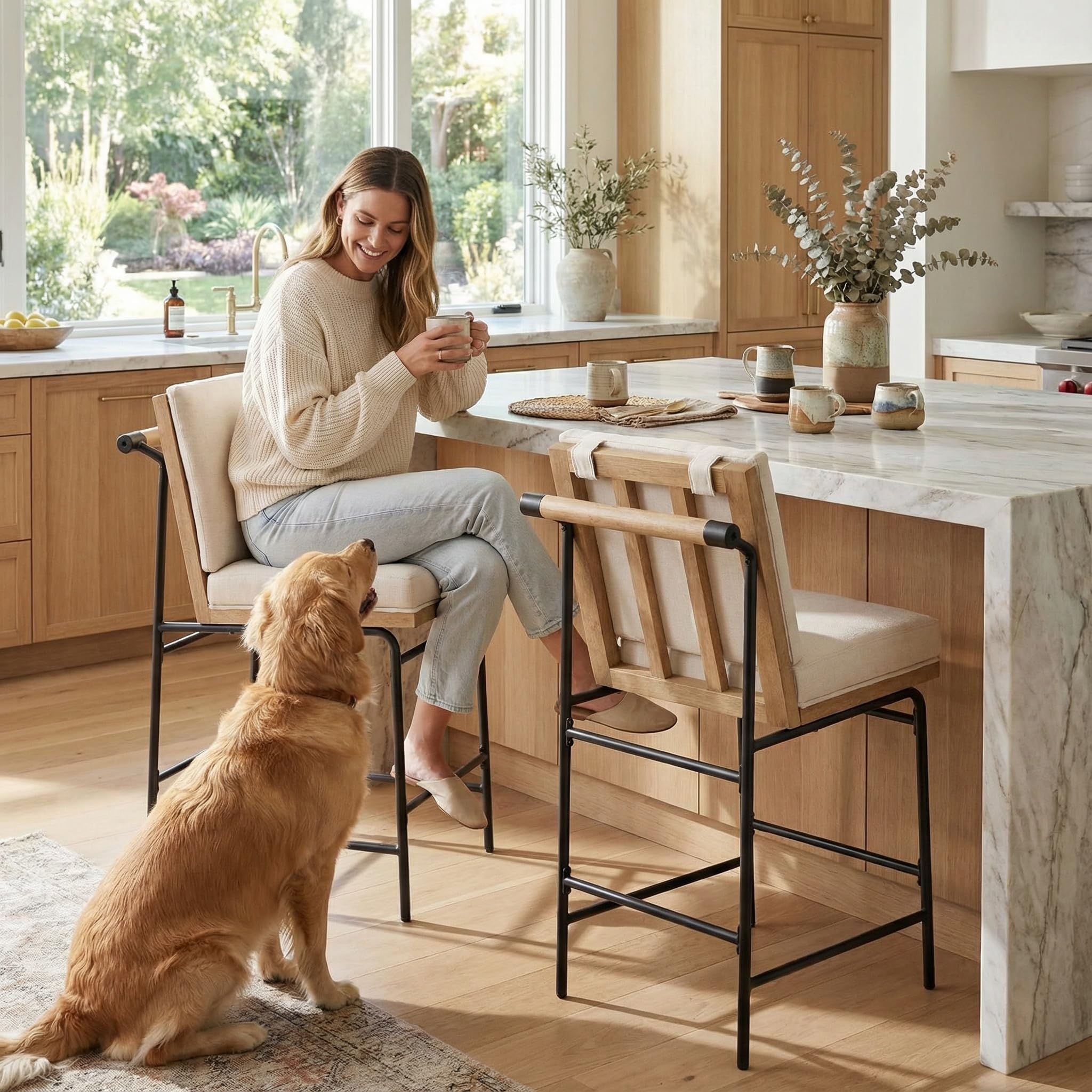 LukeAlon Linen Counter Stools Set of 2, Modern Upholstered 26" Seat Height Bar Stools with Rear Handle Armless Kitchen Island Stools with Padded Mid