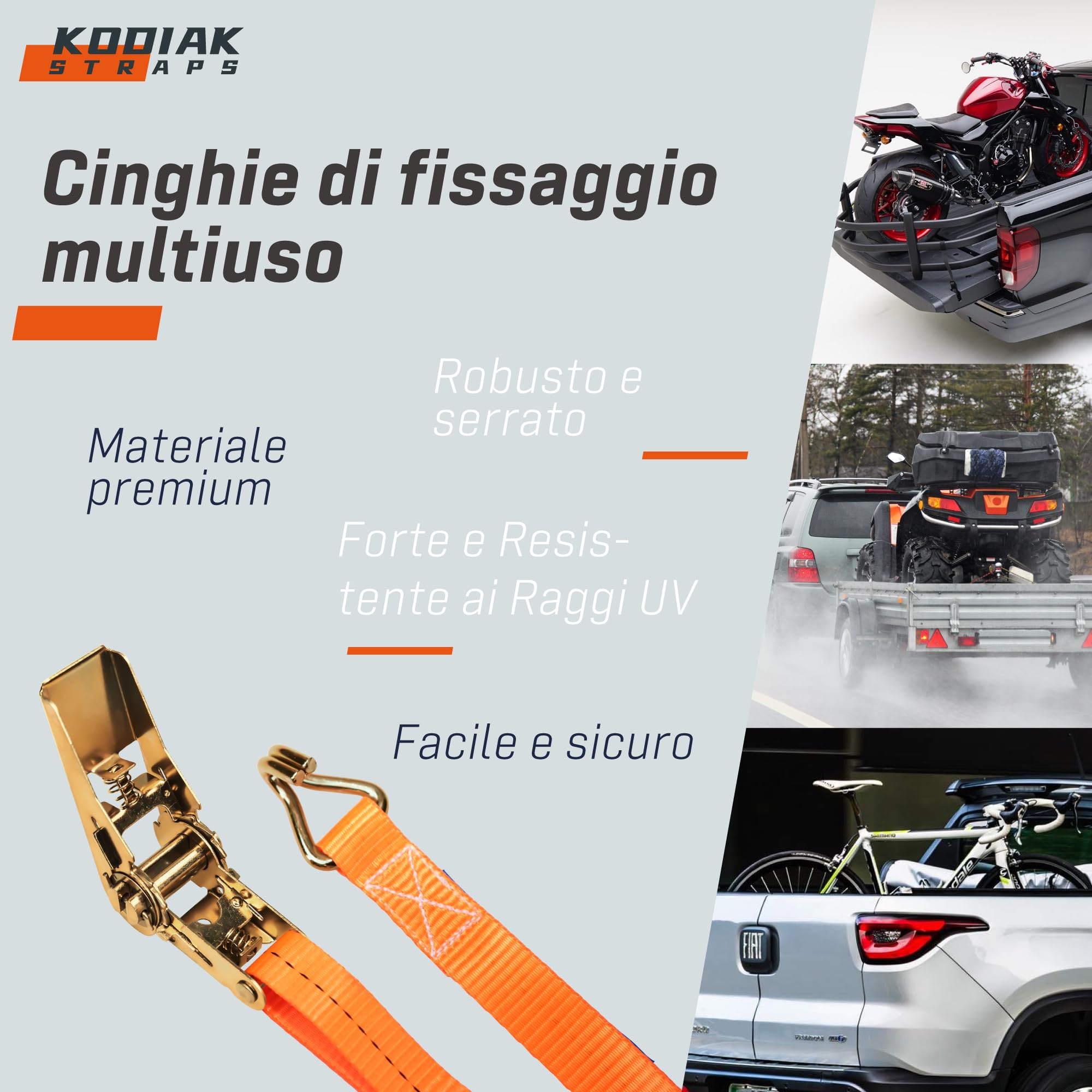 10 Cinghie di Tensione 4m x 1000kg con Cricchetto e Gancio - Cinghie a Cricchetto da 25mm - Cinghia Arancione per la Sicurezza del Carico - Certificato TÜV/GS e secondo DIN EN 12195-2 - KODIAK STRAPS