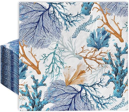Miniatura 1 de Paquete de 80 servilletas de papel de verano de 6.5 x 6.5 pulgadas, estampado coral océano, servilletas de papel desechables de acuarela para fiesta