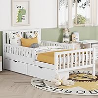 Vista 84 de Modern Full Size Platform Bed Storage Headboard and Safety Guardrail for Kids, Function Wood Platform Bed Frame with Built-in LED Light for Boy