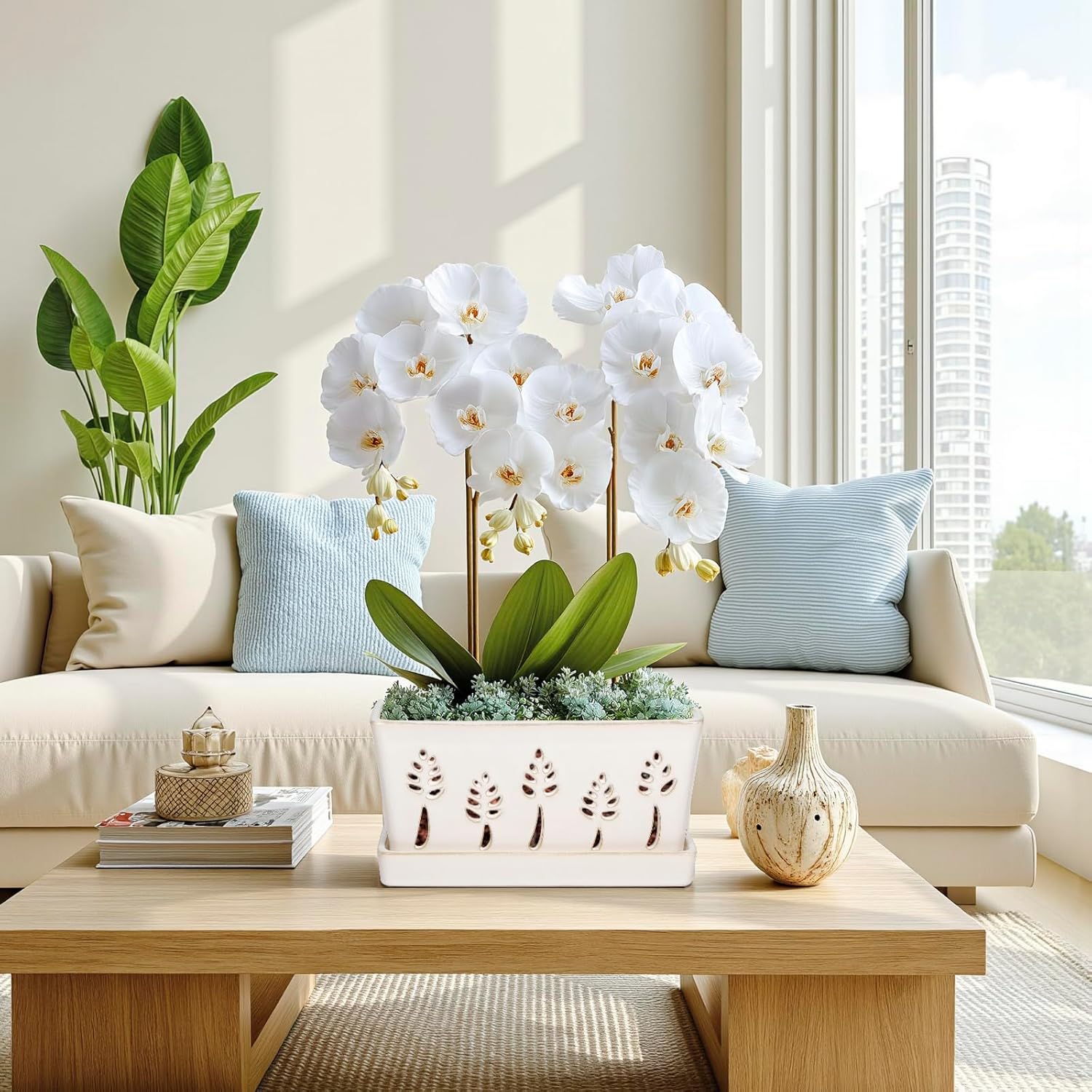 BUYMAX 10 Inch Rectangle Ceramic Orchid Pots with Holes, Heavy Duty Handmade Ceramic Plant Pot with Drainage and Saucer, Accommodate 2 Orchids, Enhance Good Ventilation White