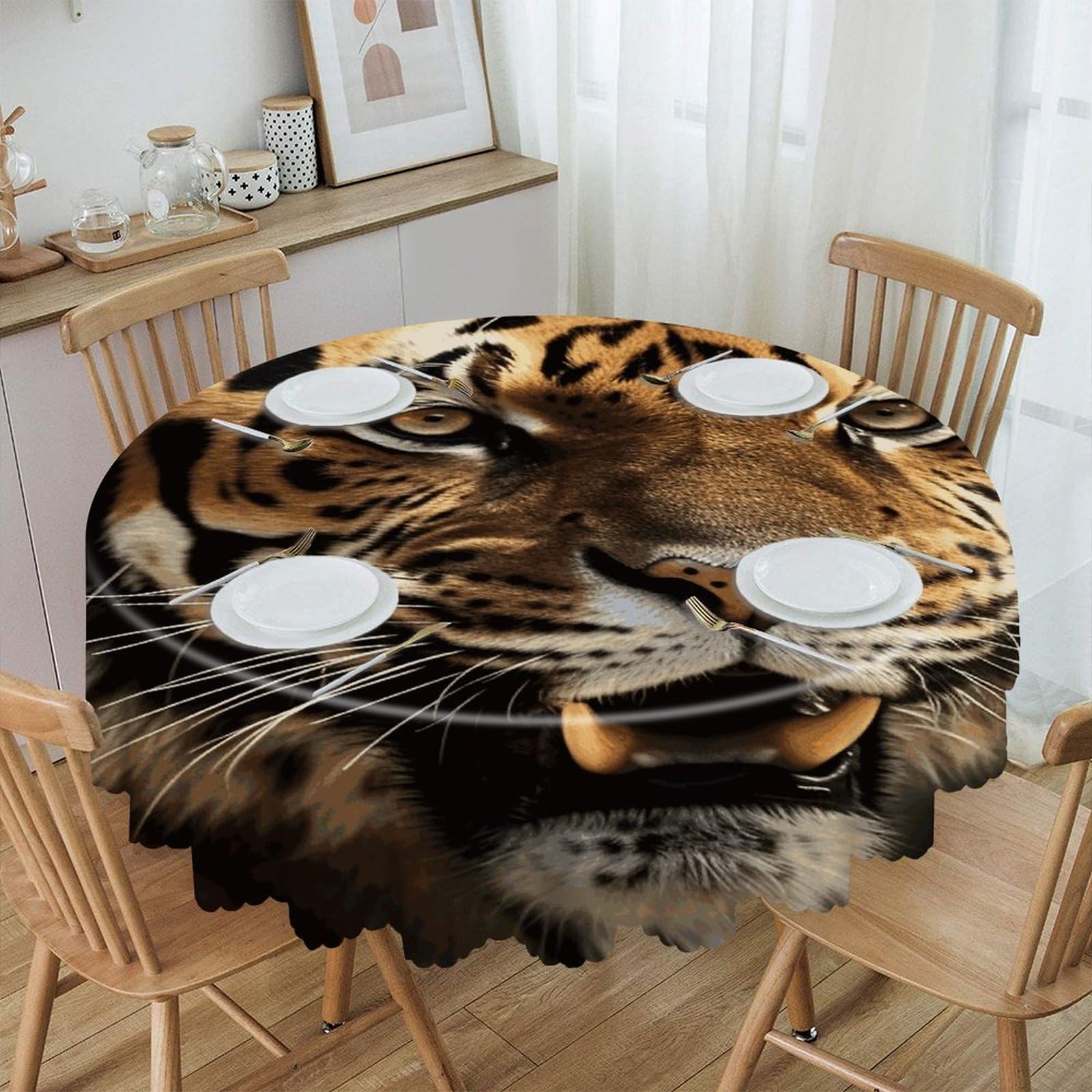 VstaDank Tiger Round Tablecloth 60 Inch Easy to Clean Circle Table Cover Thick Decorative Round Polyester Table Cloth for Dining Kitchen Party Farmhouse Outdoor