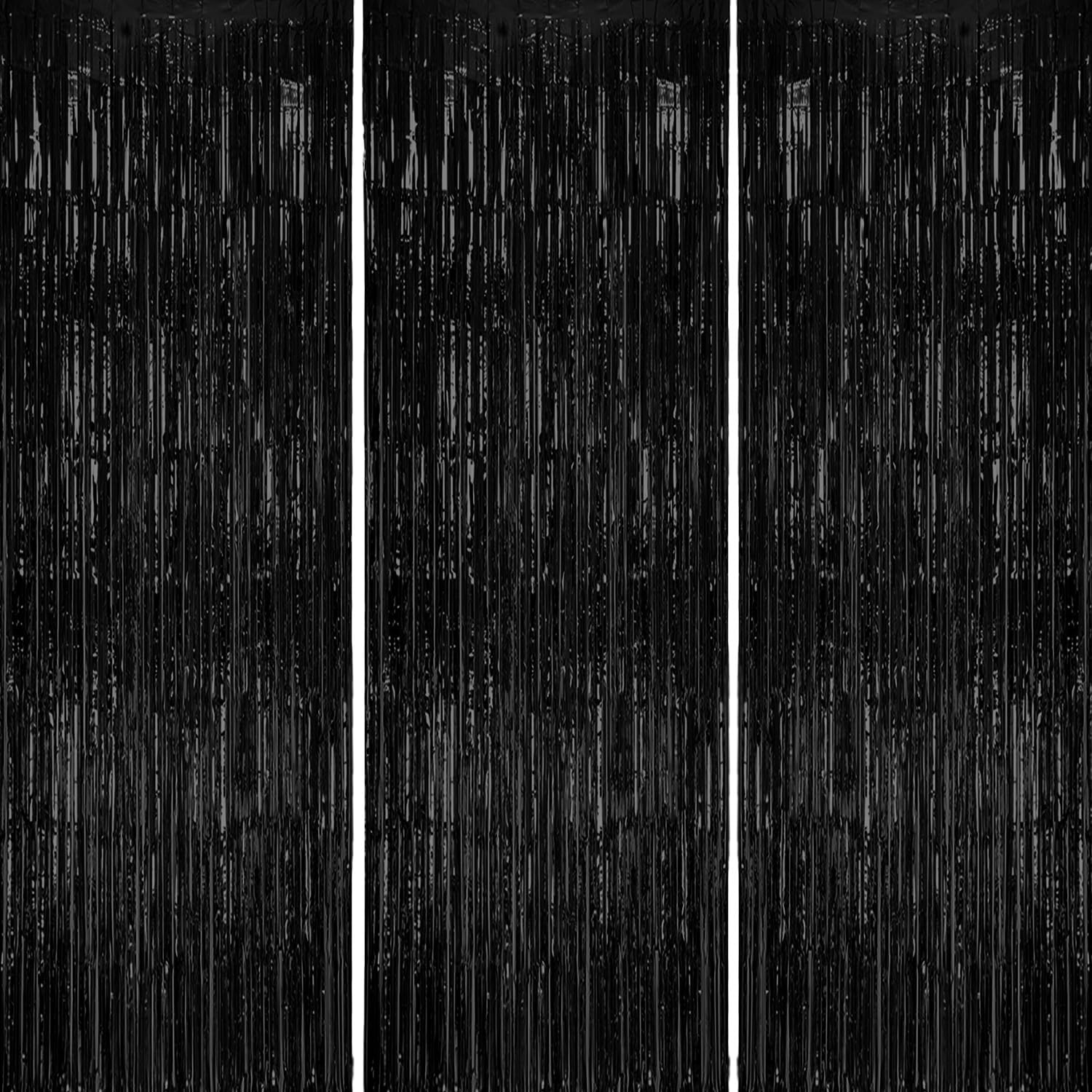 DECOCKRAT 3 Pack Foil Fringe Backdrop - Black Shiny Tinsel Curtains for Party Decoration/Photo Booth Props - 3.3x8.2 FT Metallic Foil Backdrop for Birthday, Wedding, Graduation, Christmas.