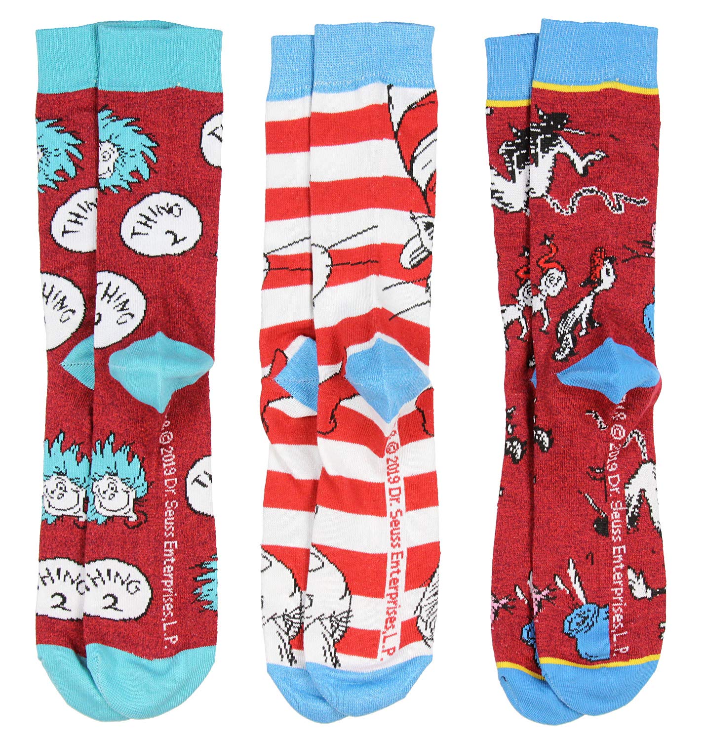 Dr. Seuss Skarpety dorosły kot w kapeluszu Thing 1 Thing 2 Character Design 3-pak skarpety do połowy łydki