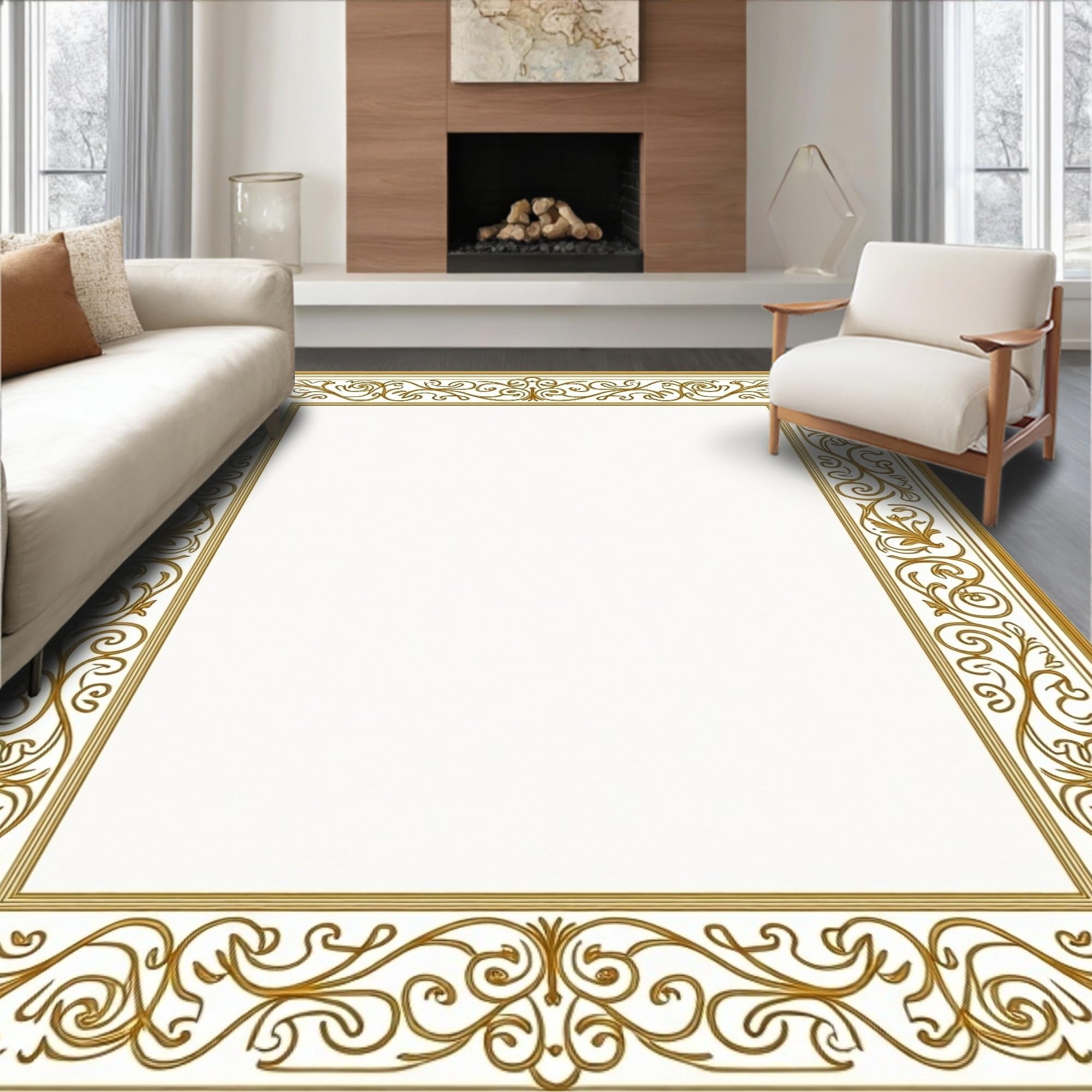 Low Pile Flatwoven Area Rug 3x5, Traditional Damask Scrollwork with Botanical Vine Accents, Machine Washable, Stain Resistant Indoor Rug for Living Room, Bedroom, Non Slip(Gold, 3x5)