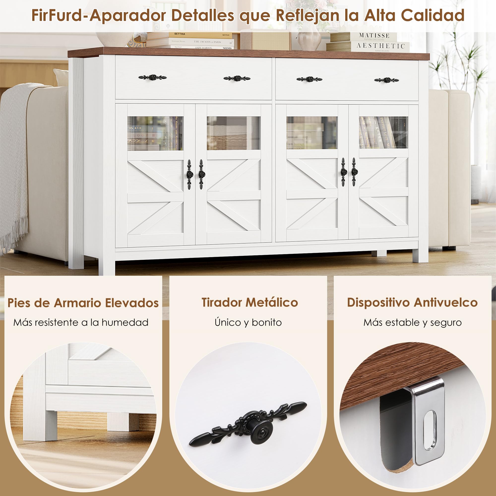 FirFurd 140cm Aparador de Cocina, Aparador Comedor, Mueble Auxiliar de Cocina, Armario Almacenaje con 2 Cajones 4 Puertas para Salón, Pasillo o Comedor 140x40x90cm Blanco