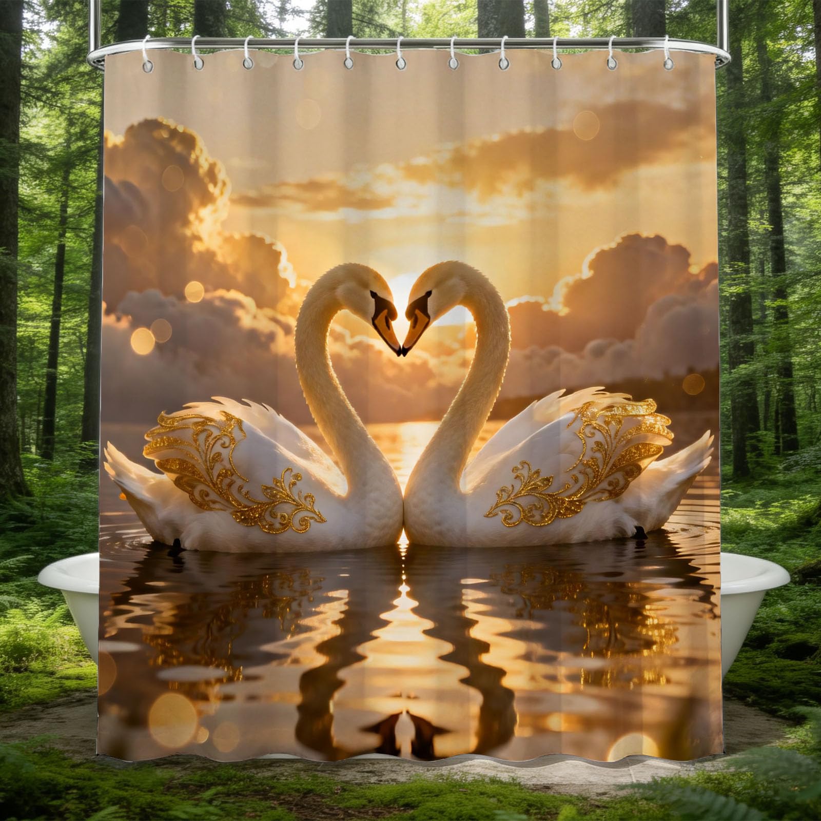 Hongduo 3D Swan Shower Curtain for Stalls Bathtubs Romantic Bathroom Decor Shower Curtain Set Polyester Fabric Waterproof 180x200cm/71X79 Inch with Hooks