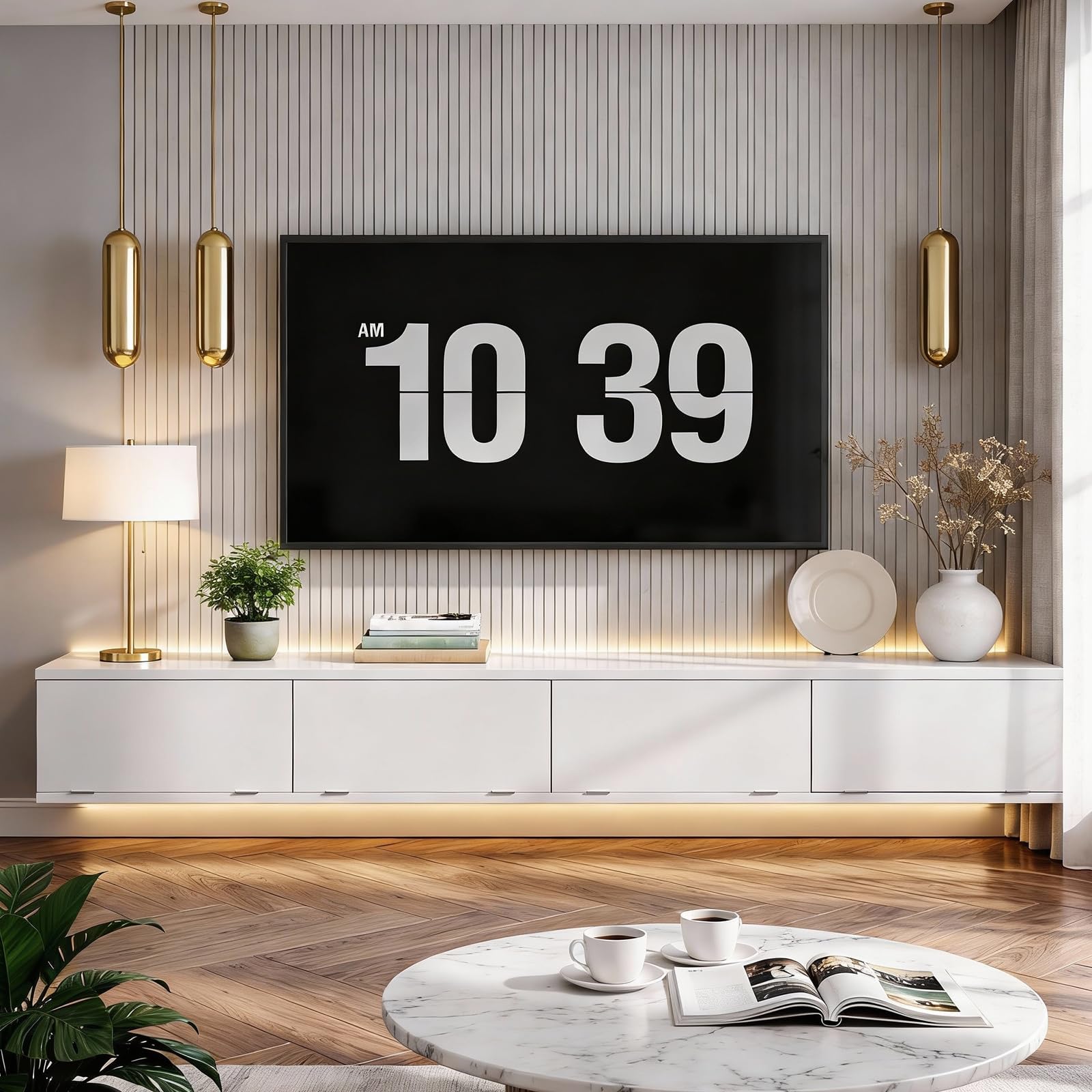 YATINEY Mueble para TV Suspendido con Tira de Luces LED, Soporte para TV Montado en Pared con Cuatro Puertas Abatibles, 180 x 24 x 22 cm, para Salón o Dormitorio, Blanco XDS23DWT