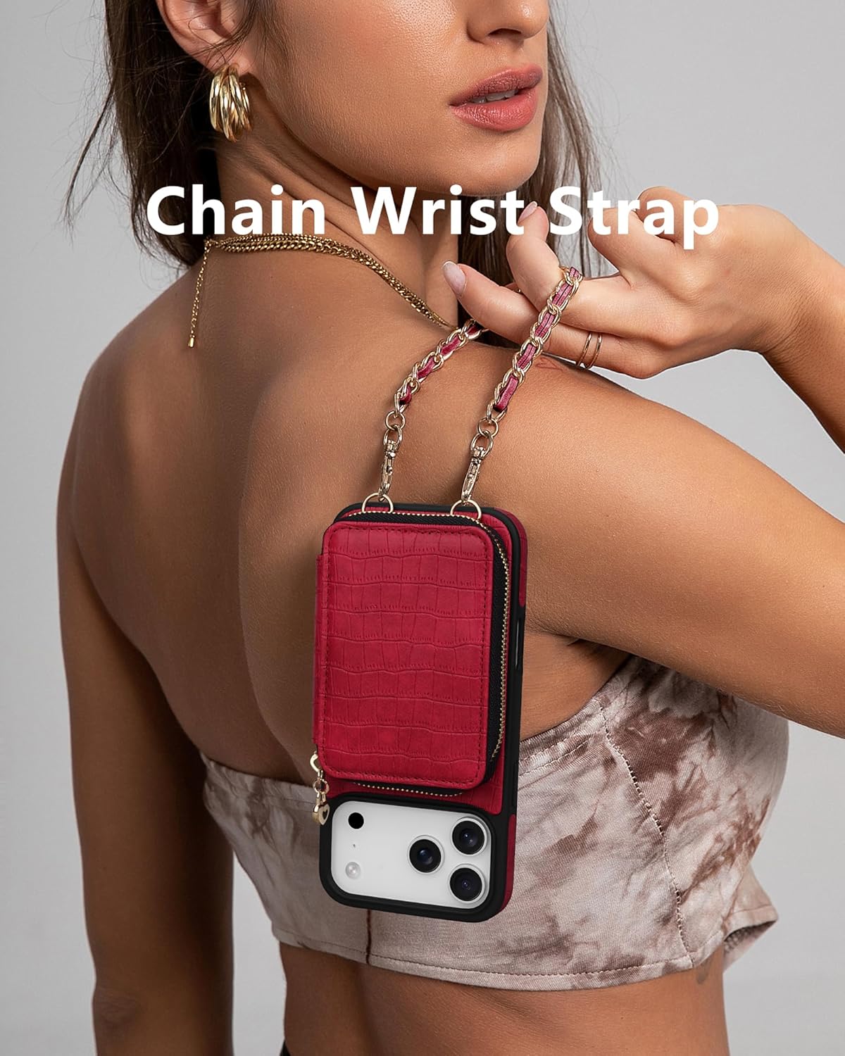 Case for iPhone 17 Pro Max Case Wallet with Mirror, Crossbody Zippered Purse with RFID Blocking 8 Card Holder, Flip Cover Kickstand Wrist Strap Lanyard for Women - 6.9 inch (Red)
