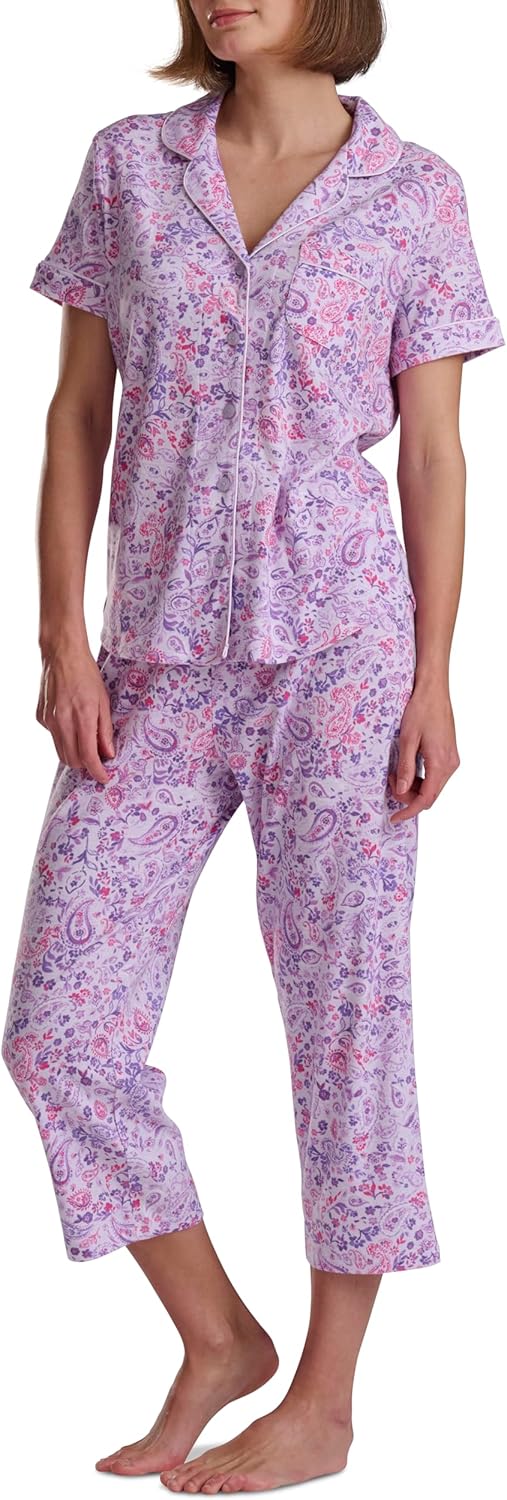 Karen Neuburger Women's Girlfriend Short Sleeve Notch Collar Button Up Top and Capri Pant Bottom 2-Piece Pajama Set - Image 2
