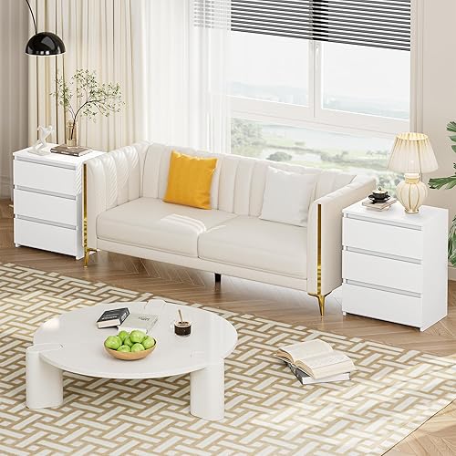 Miniatura 10 de FOTOSOK Juego de 2 mesitas de noche negras con 3 cajones, mesita de noche negra para dormitorio con asa recortada, mesa auxiliar de sofá con 3