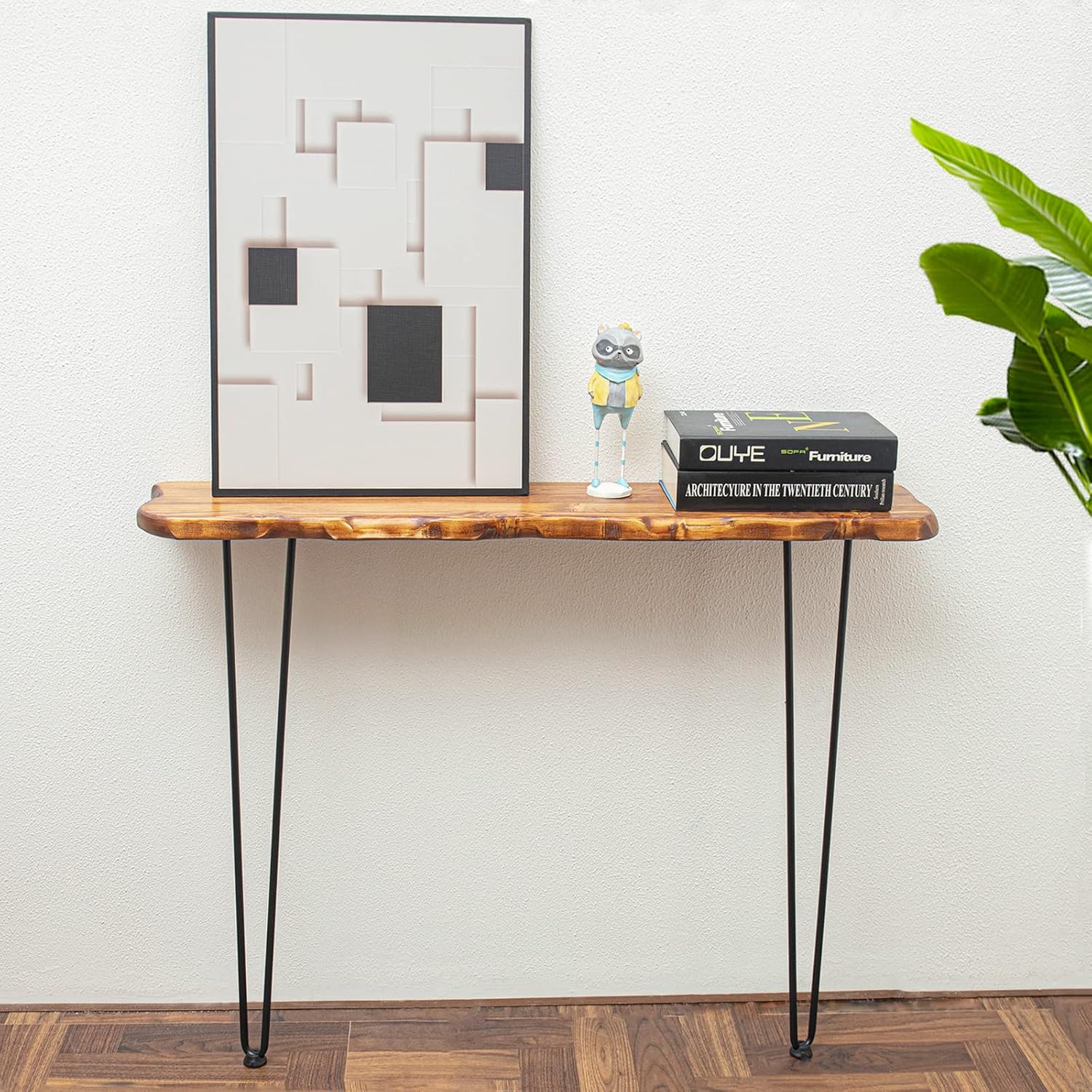 NOZE Wall-Mounted Side Console Sofa Table Industrial Natural Wood Table for Entryway Living Room with Two Iron Feet, Rustic Brown