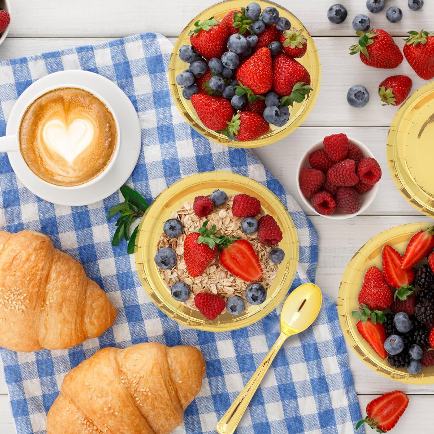 200 PCS Gold Disposable Party Supplies, Disposable Party Tableware Set with Gold Paper Plates, Paper Cups, Napkins, Plastic Knives, Forks and Spoons （25 Guests）