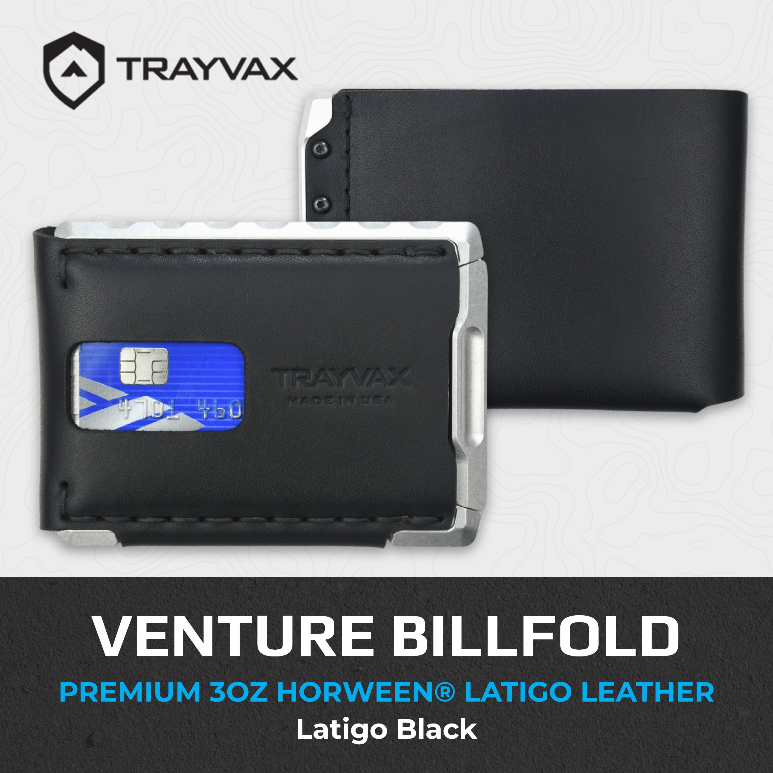 Trayvax Venture Billfold Wallet Fronttasche Geld und Kreditkartenetui Minimalistische Slim Leder Metall Geldbörse für Damen und Herren, Nightfall Schwarz, Compact, Slim, Billfold