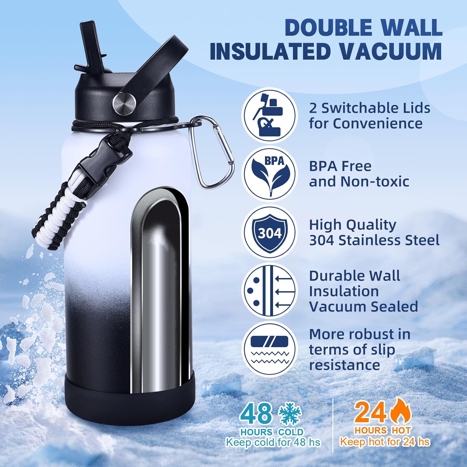 Insulated Water Bottle, 32 oz Stainless Steel Wide Mouth Water Bottles with 2 Leak Proof Lid and Paracord Handle, Double Wall Vacuum Insulated Sports Water Bottle, White Black - Image 3
