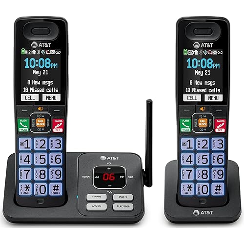 AT&T BL108-2 Cordless Phone- 2 Handset DECT 6.0 Landline Telephone with Bluetooth Cell Connect, Smart Call Blocker, Answering Machine, Audio Assist, Big Buttons, Large Display (Charcoal & Silver)